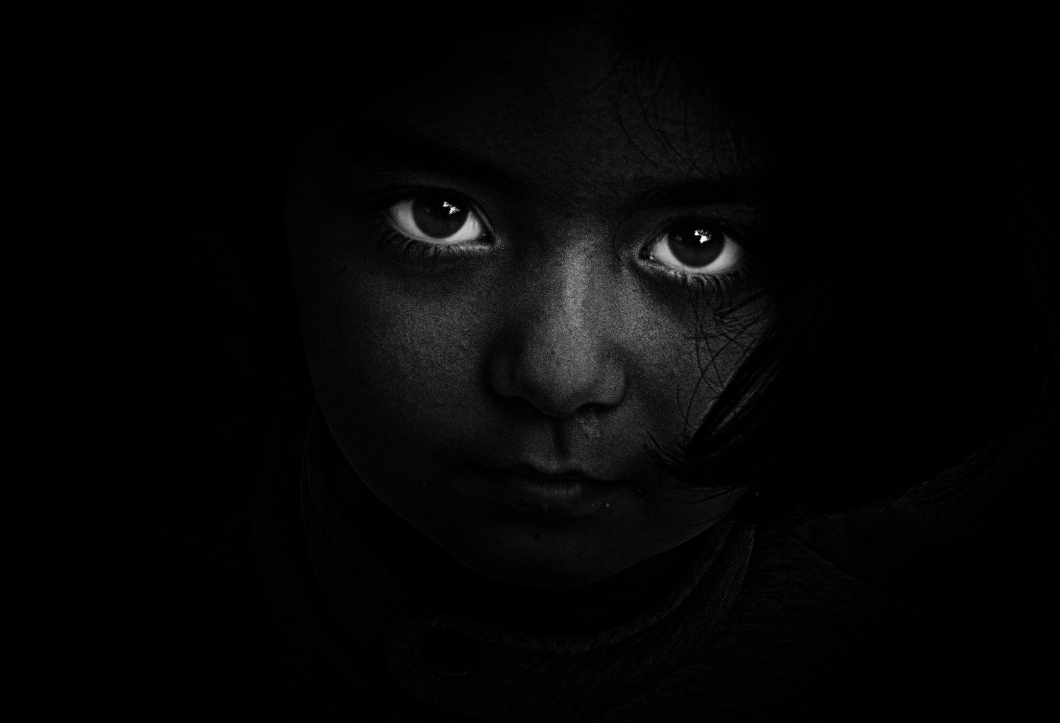 Wallpaper Girl's Face, Black And White, Person, Dark, Eyes