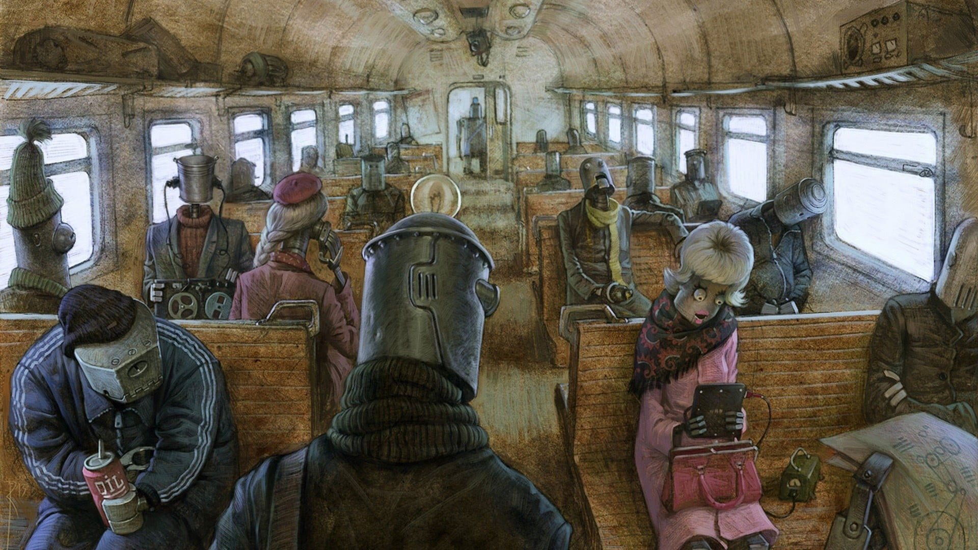 Wallpaper People Inside Bus Illustration, Artwork, Robot