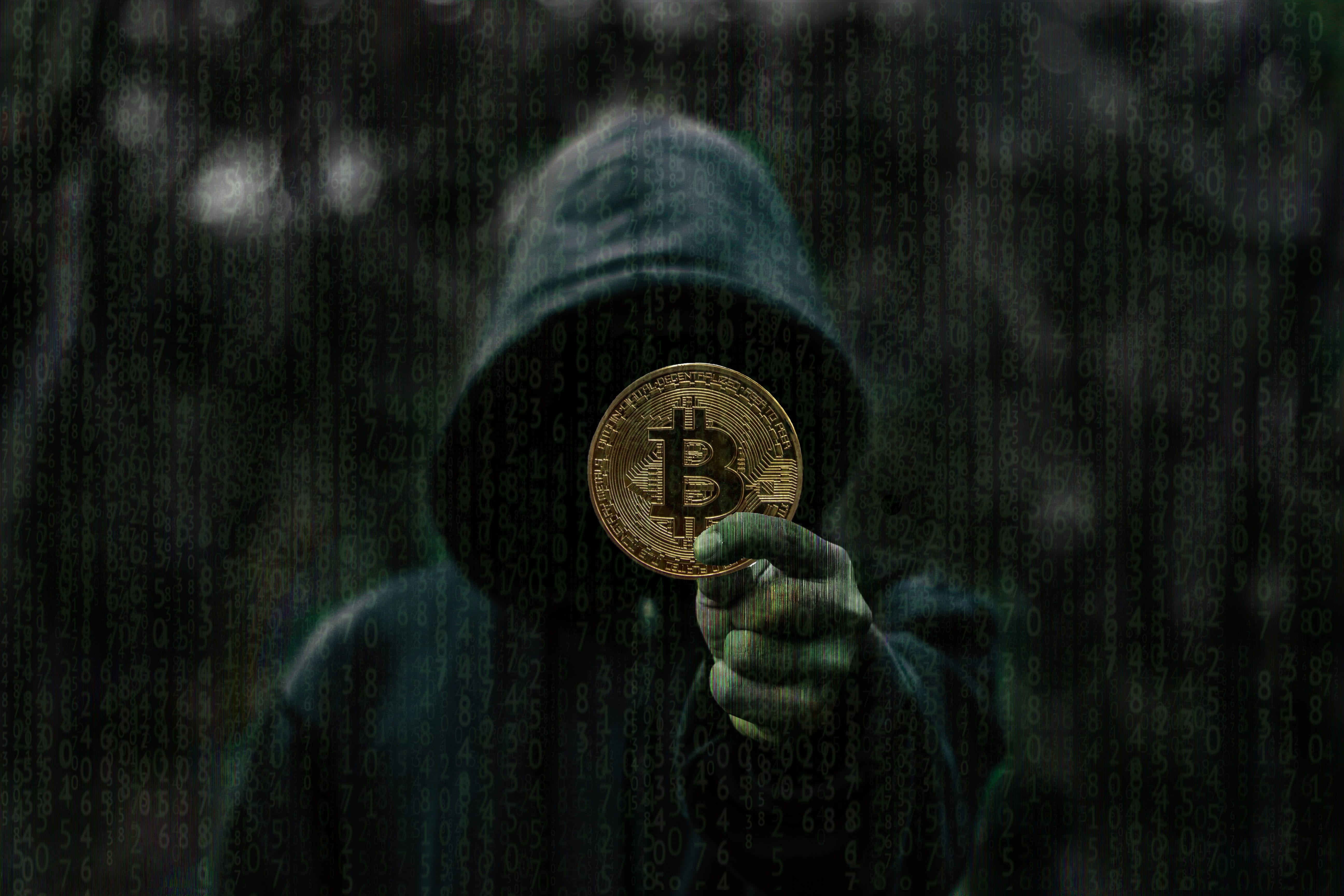 Wallpaper Person Showing Round Gold Colored Bitcoin Coin, Dark, Dark