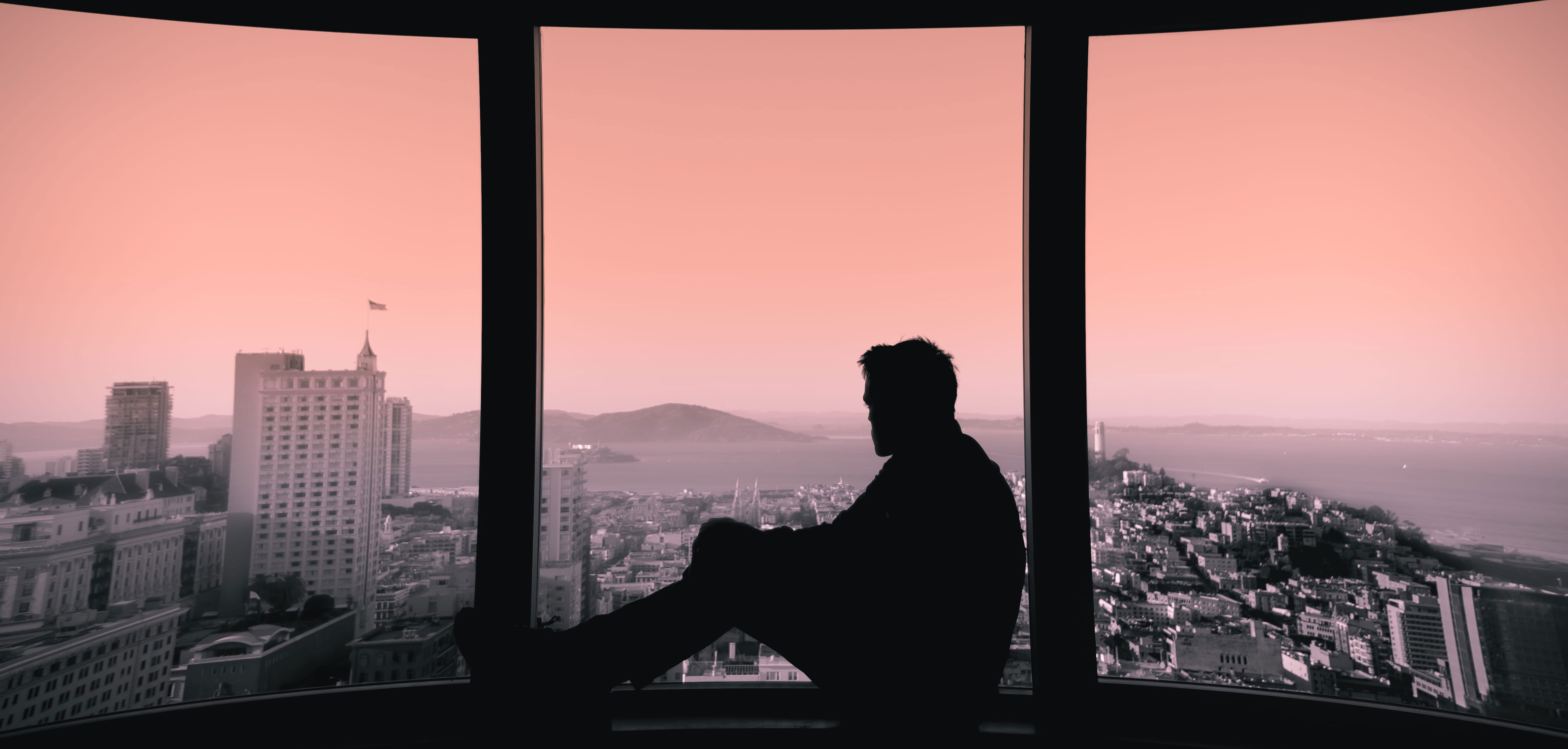 Wallpaper Silhouette Of Person Sitting On Building's Windows, Pastel, Aesthetic
