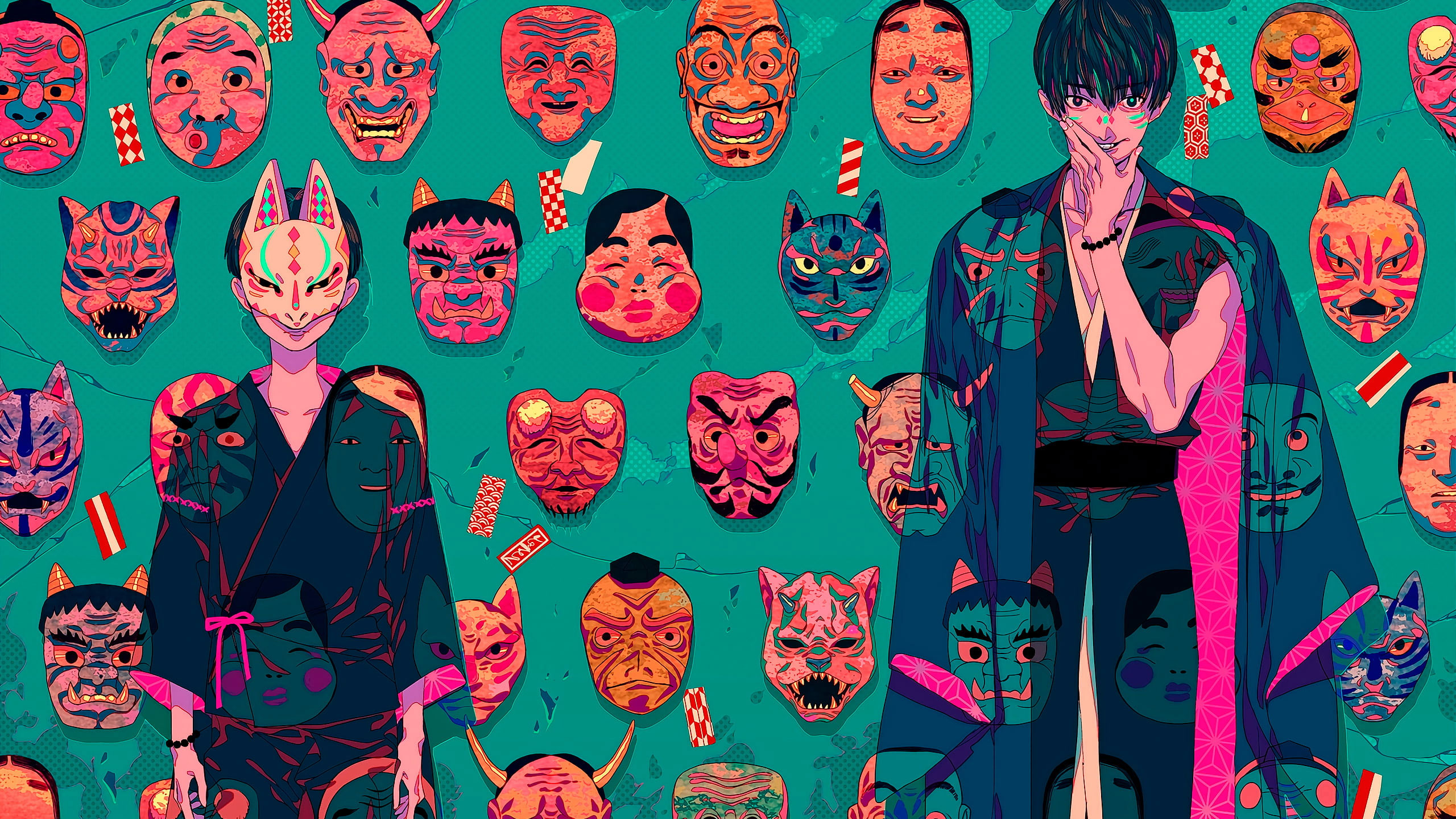 Wallpaper Akiakane, Oni Mask, Japan, Samurai, Green Background