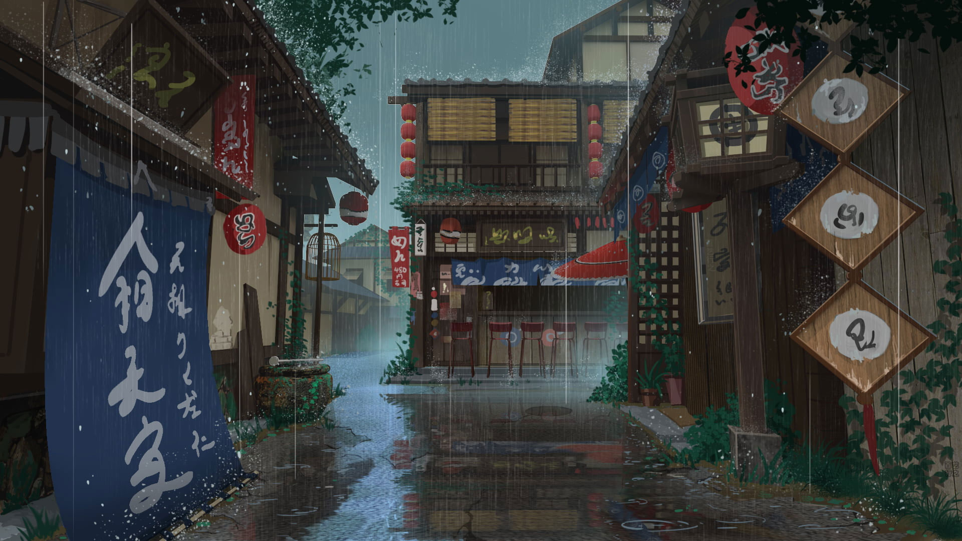 Wallpaper Anime, Original, House, Rain, Street