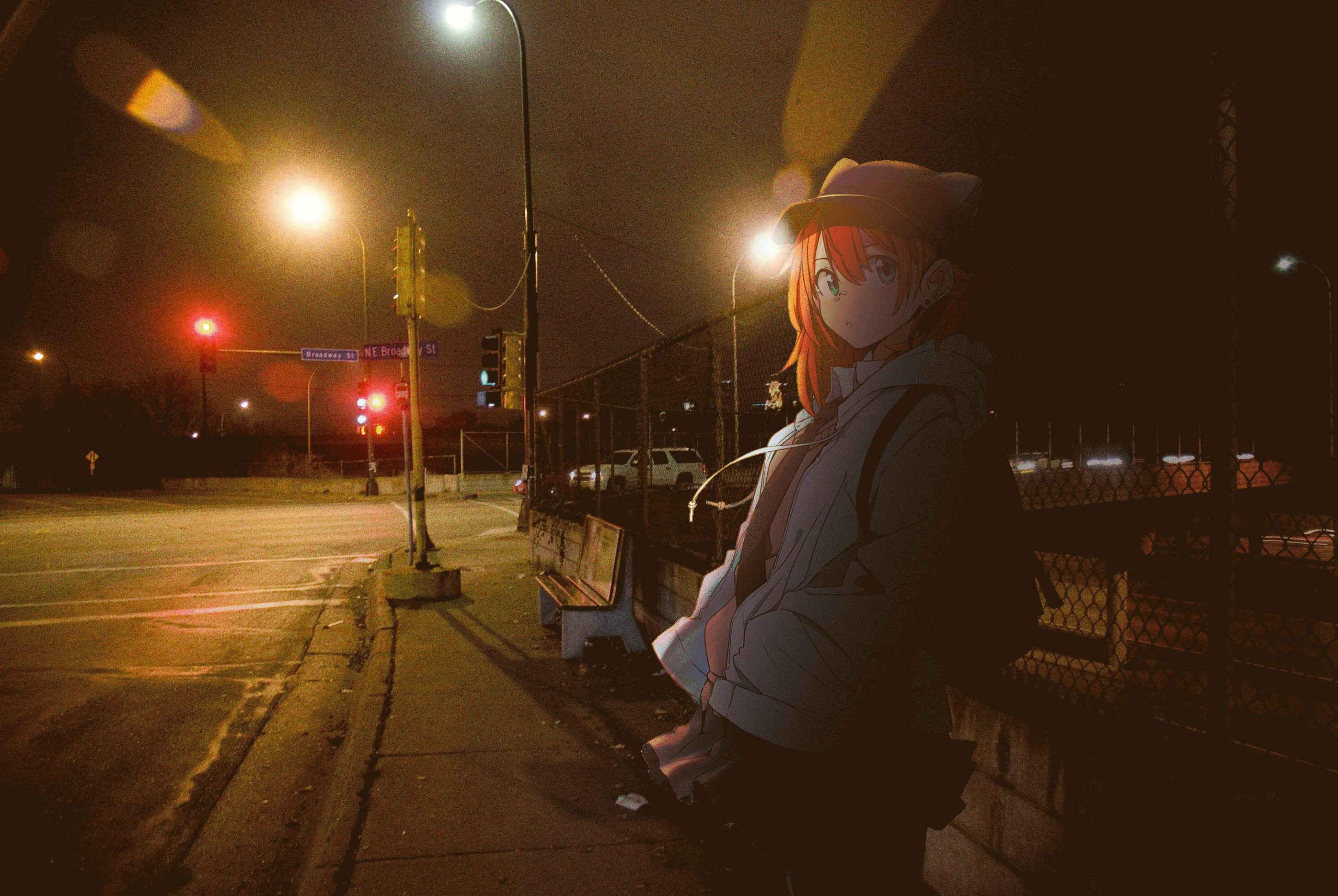 Wallpaper Bus Stations, Anime Girls, Urban, Night, Street