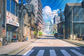 Wallpaper Glass Buildings, Anime Street, Scenic, Bicycle