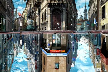 Wallpaper Japan, Anime, City, Street, Lake, Reflection