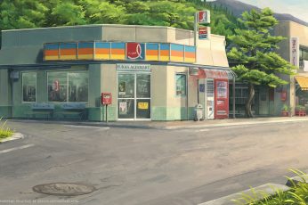 Wallpaper Kimi No Na Wa, Street, Shop, Trees, Scenic, Anime