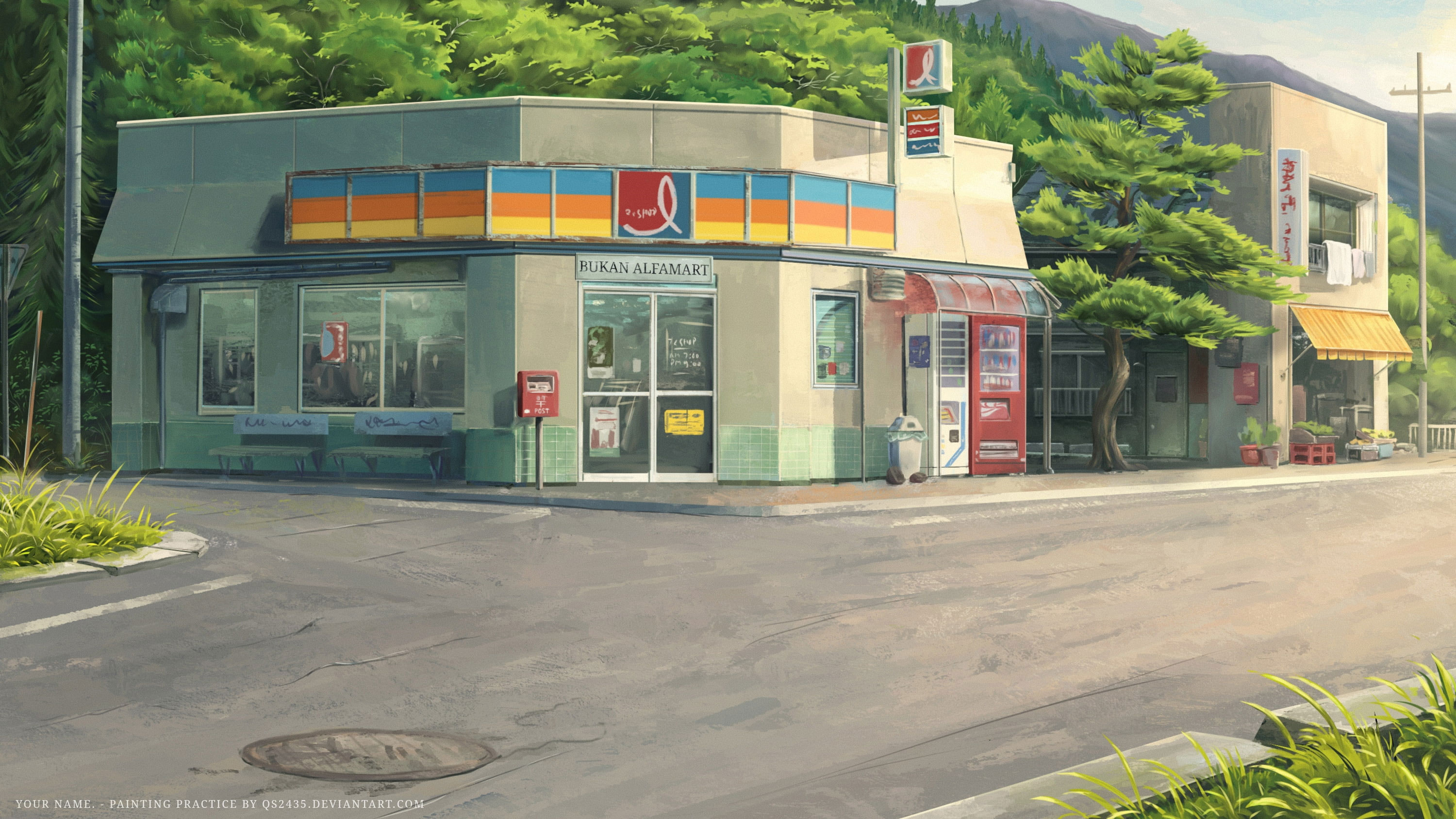 Wallpaper Kimi No Na Wa, Street, Shop, Trees, Scenic, Anime, anime, Anime