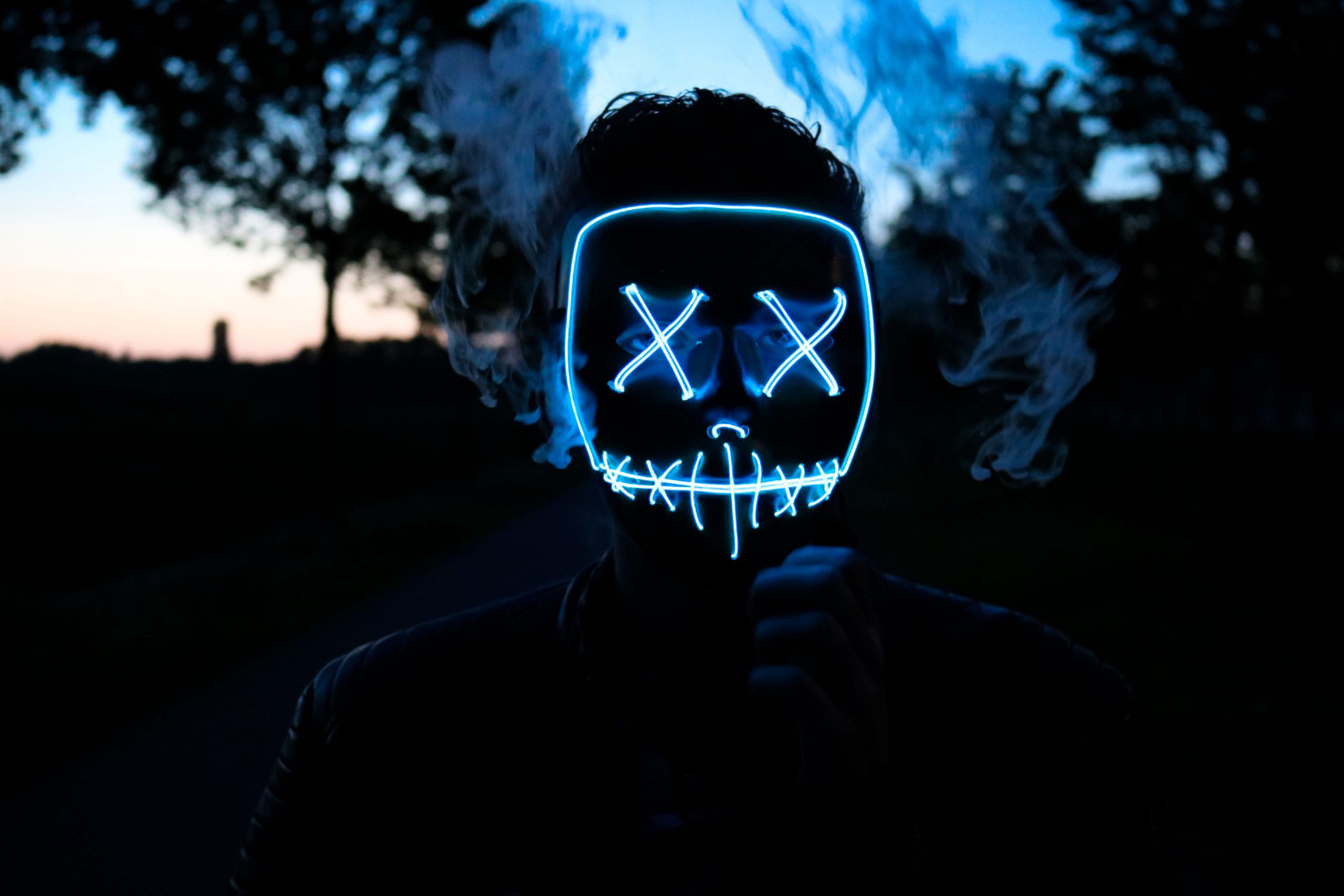 Wallpaper Man Wearing Led Mask, Neon Light Mask On Person