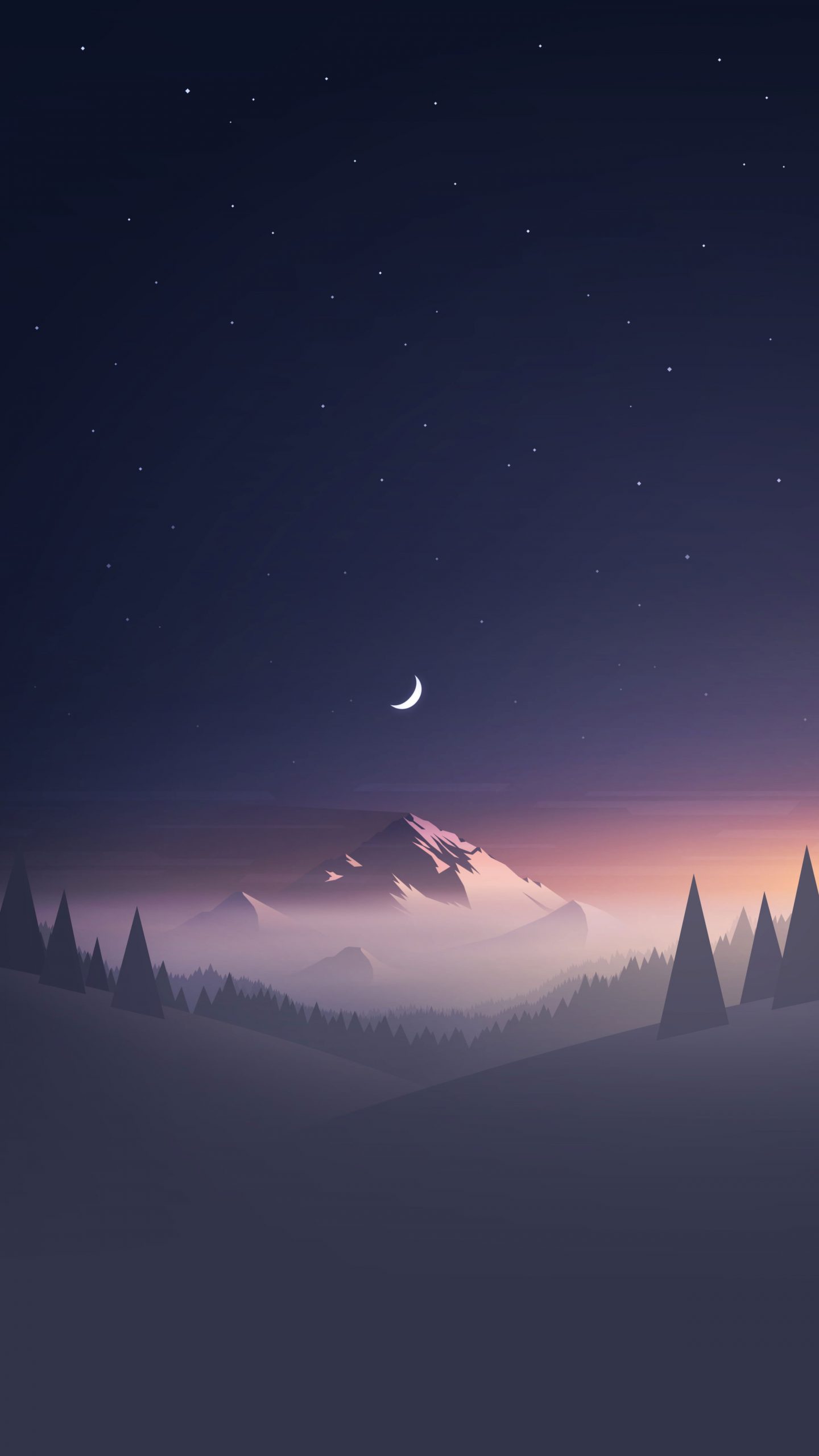 Wallpaper Mountain And Trees Under Starry Sky Illustration