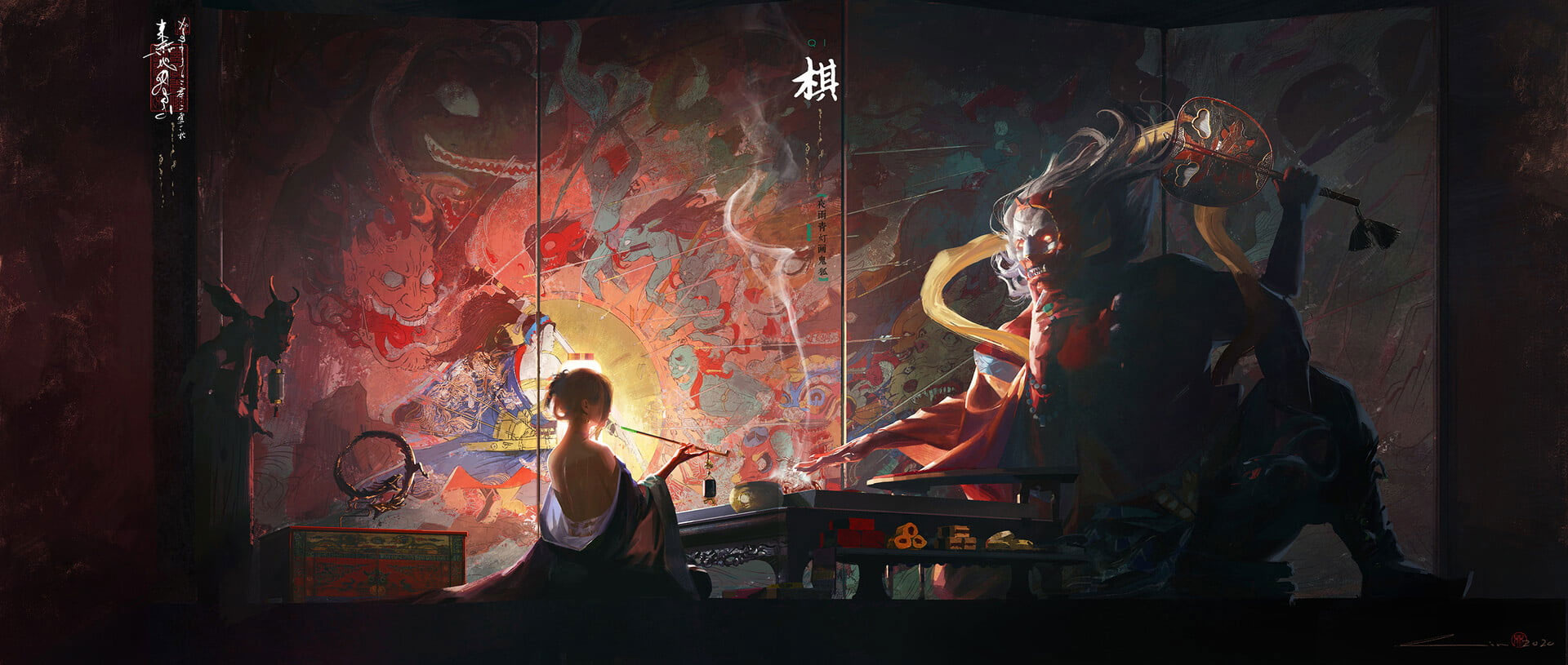 Wallpaper Painting, Smoking, Smoke, Samurai, Sword, Arrows