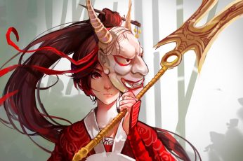 Wallpaper Red Haired Female Anime Character Wearing Oni Mask
