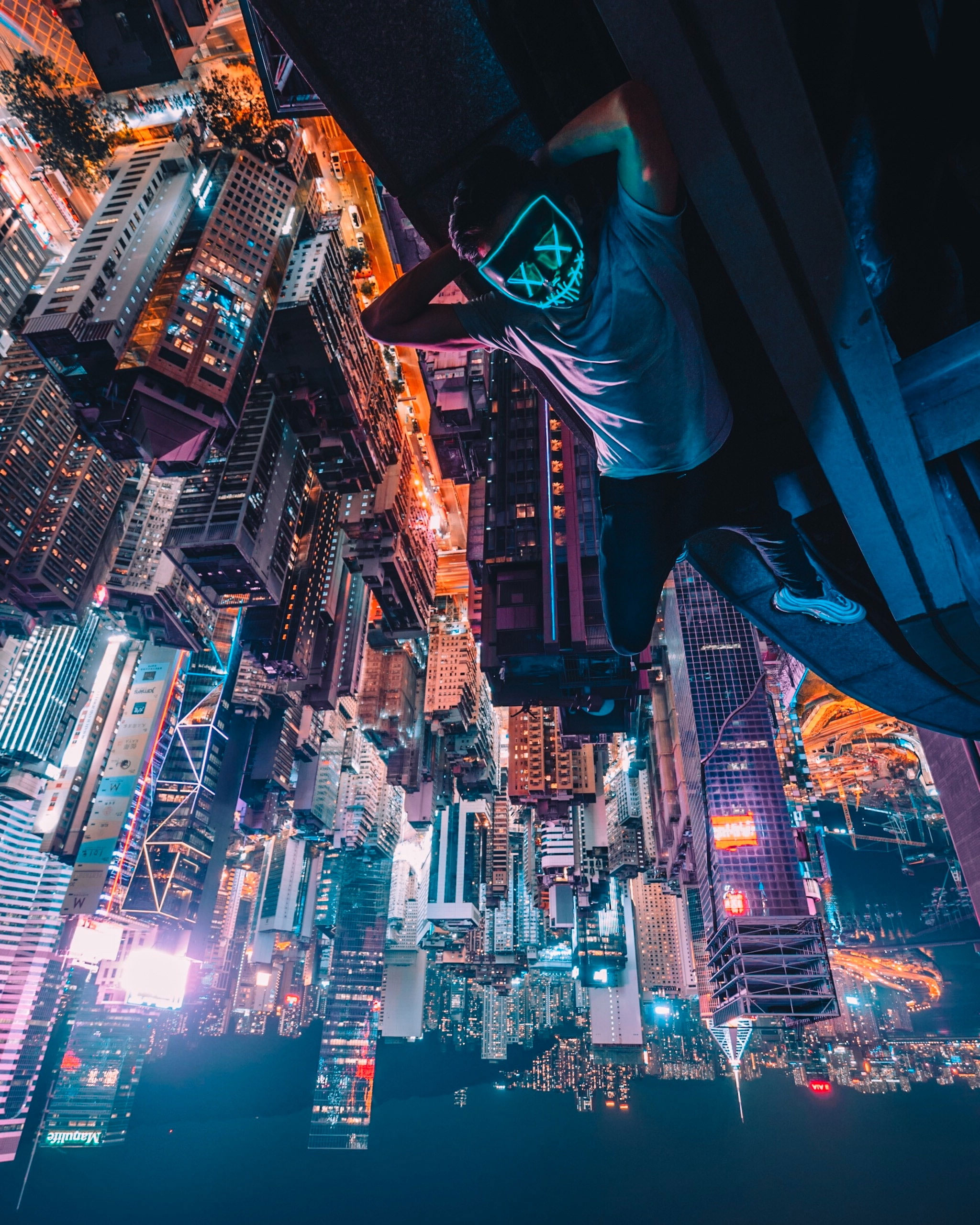 Wallpaper Simon Zhu, Hong Kong, Mask, Neon, Rooftops, Sky