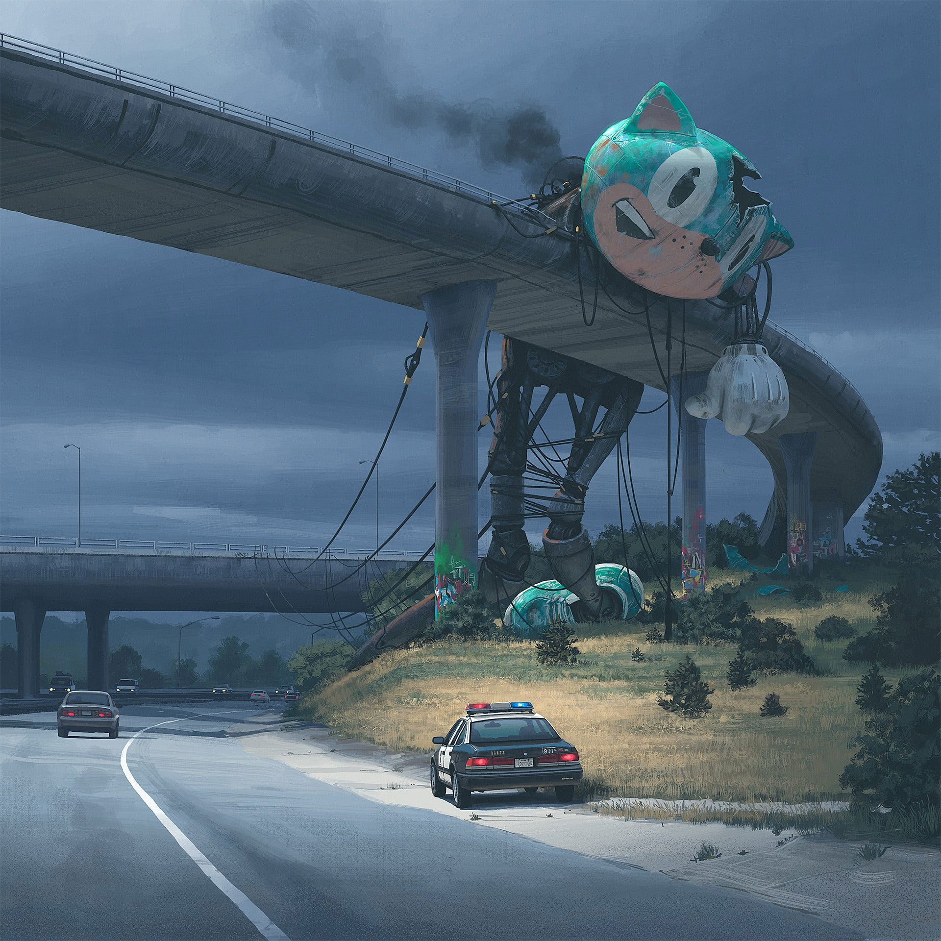 Wallpaper Sonic On Bridge Painting, Simon Stålenhag