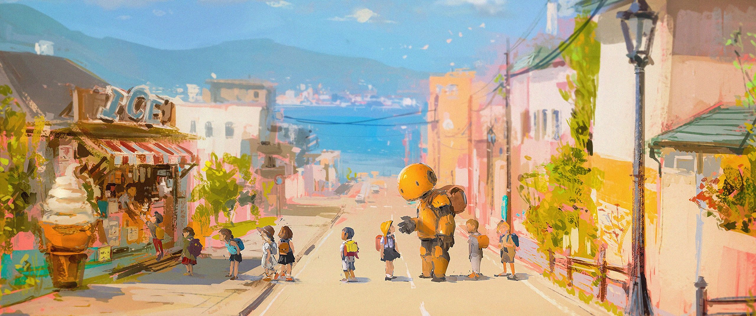 Wallpaper Street, Robot, Beach, Sea, Children, Anime