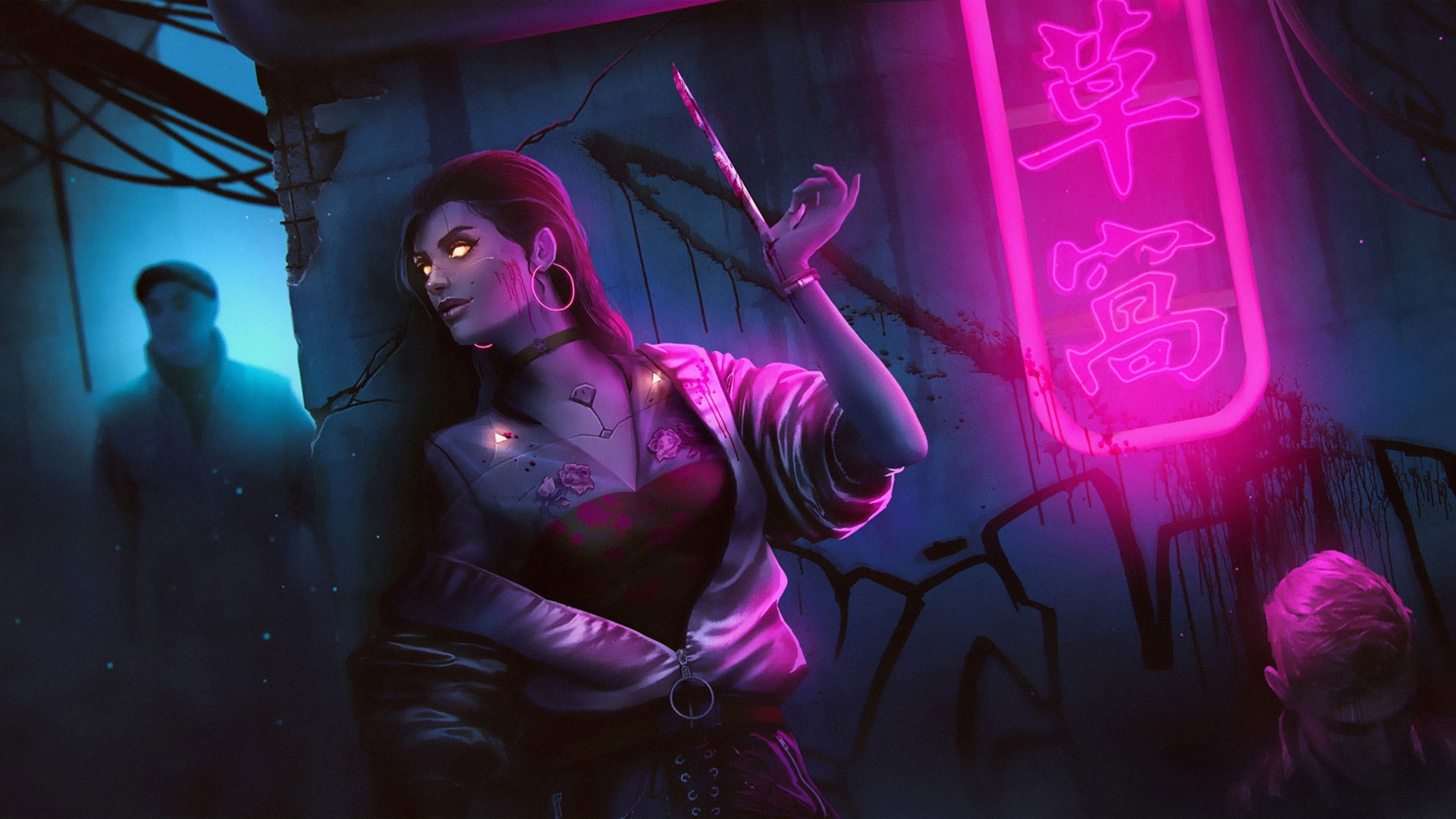 Wallpaper Women, Neon Lights, Dark, Assassins, Cyberpunk
