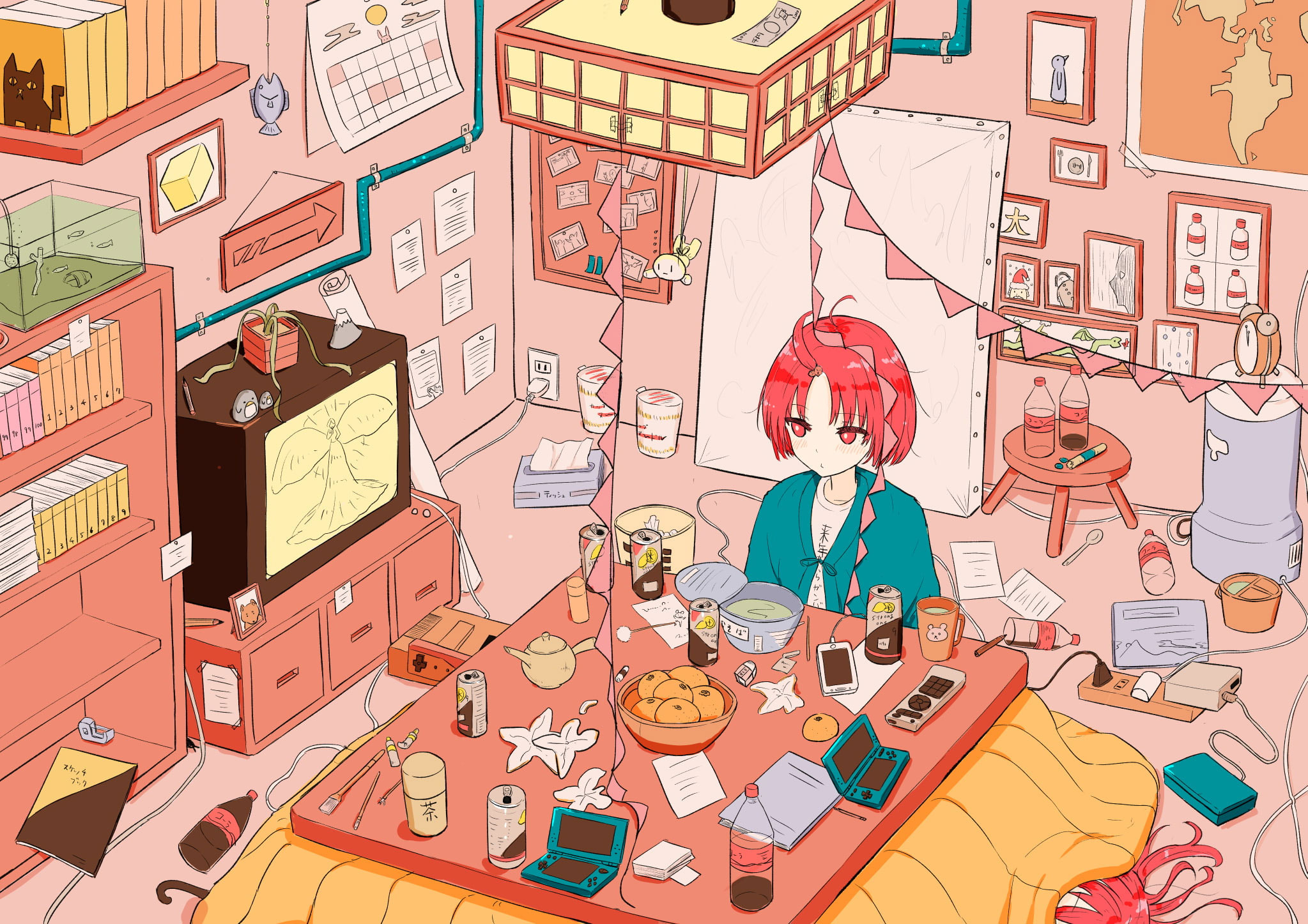 Wallpaper Anime Girls, Redhead, Red Eyes, Interior, Room