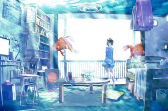 Wallpaper Anime Girls, Room, Water, Fish