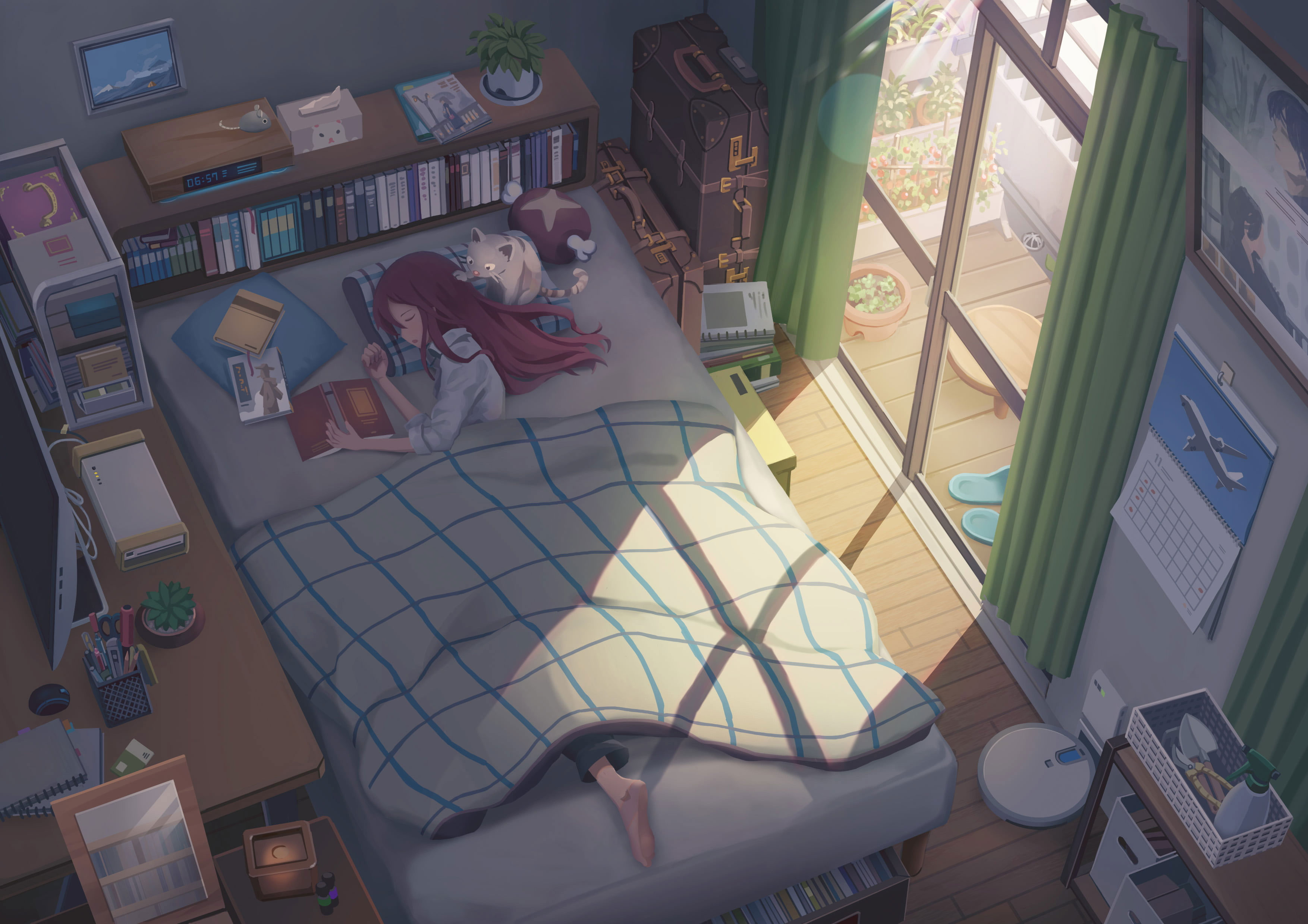 Wallpaper Anime, Original, Bed, Cat, Girl, Room, anime, Anime