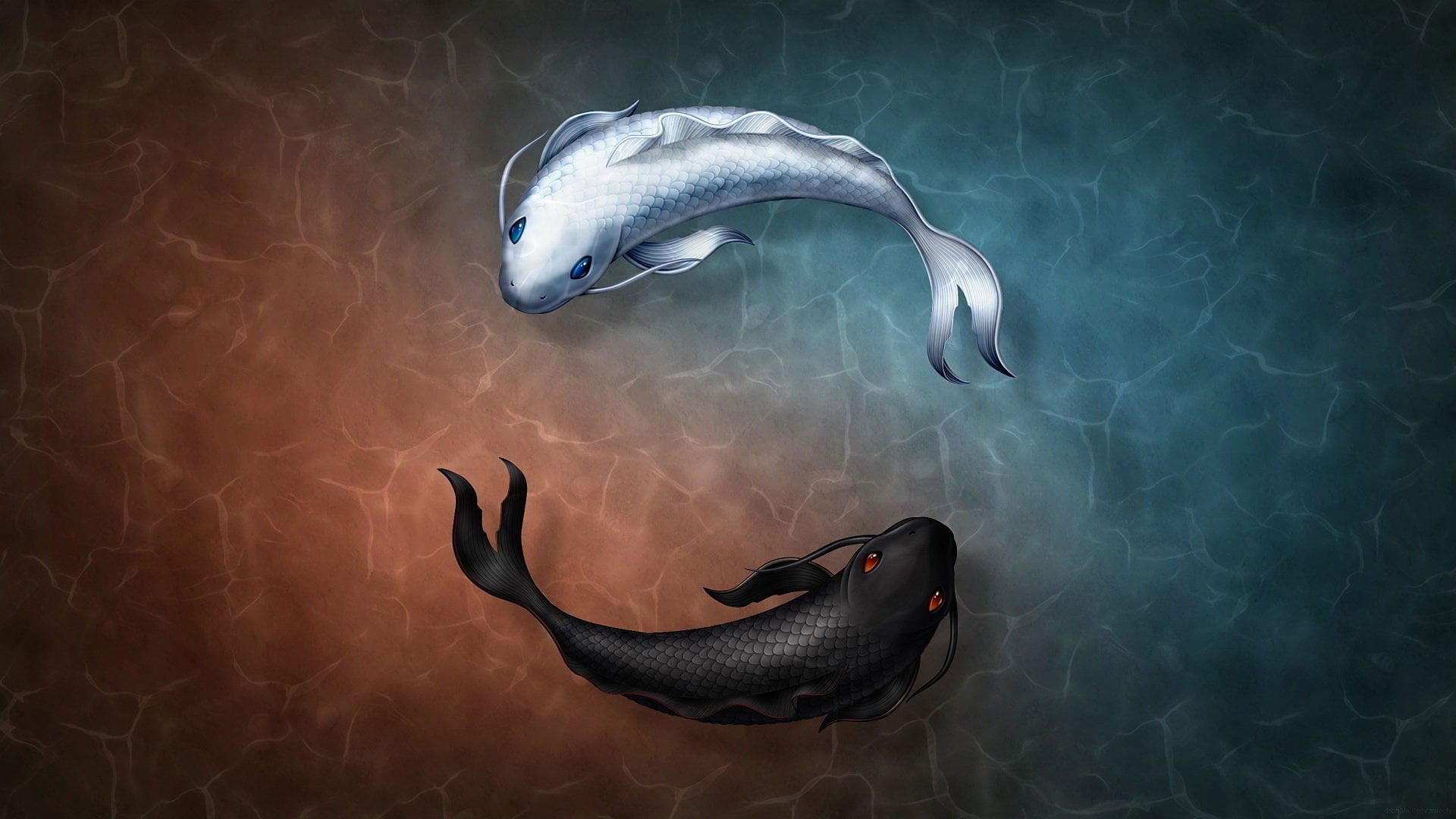 Wallpaper Black And White Coy Fishes Illustration