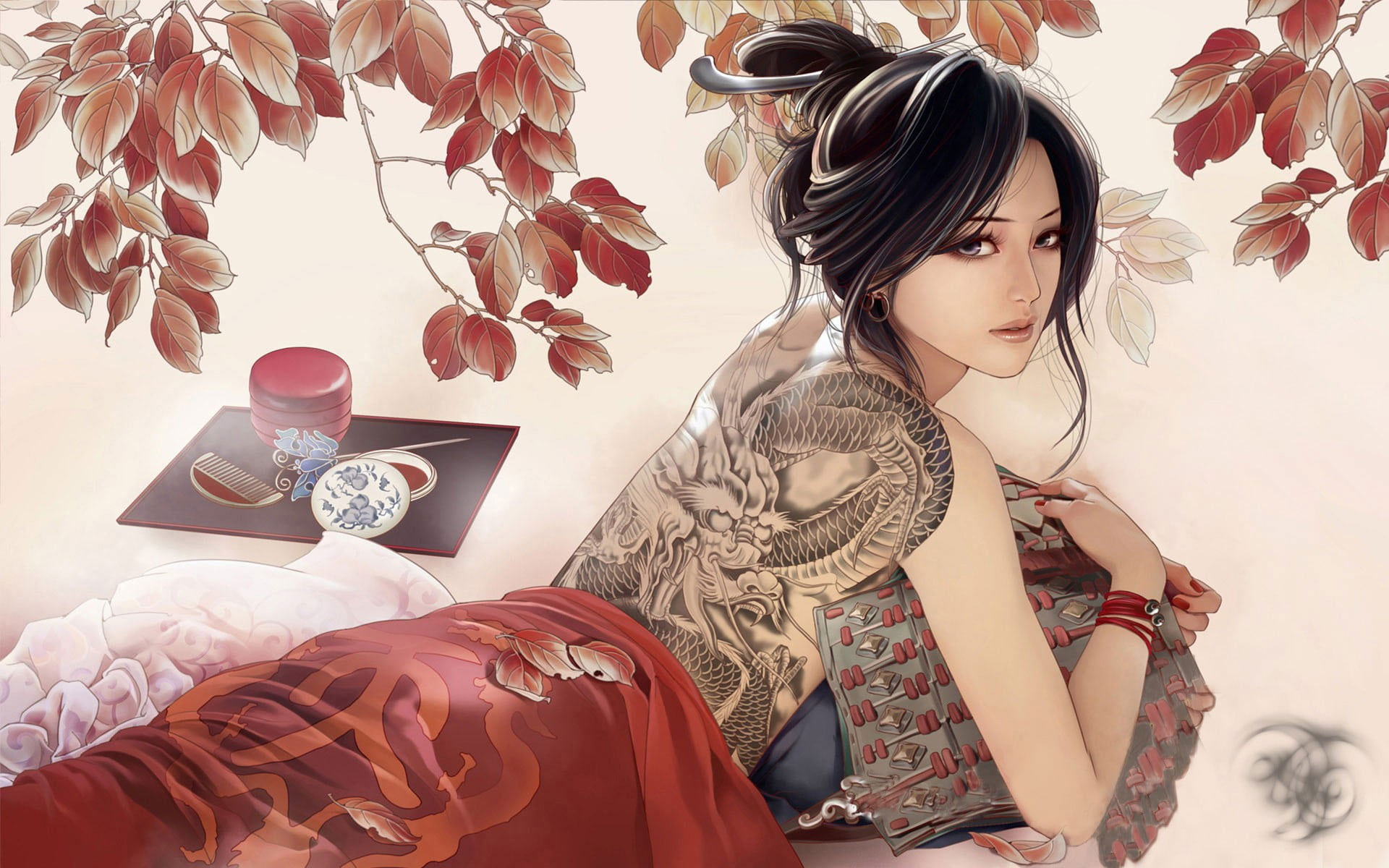 Wallpaper Black Haired Chinese Woman With Dragon Tattoo