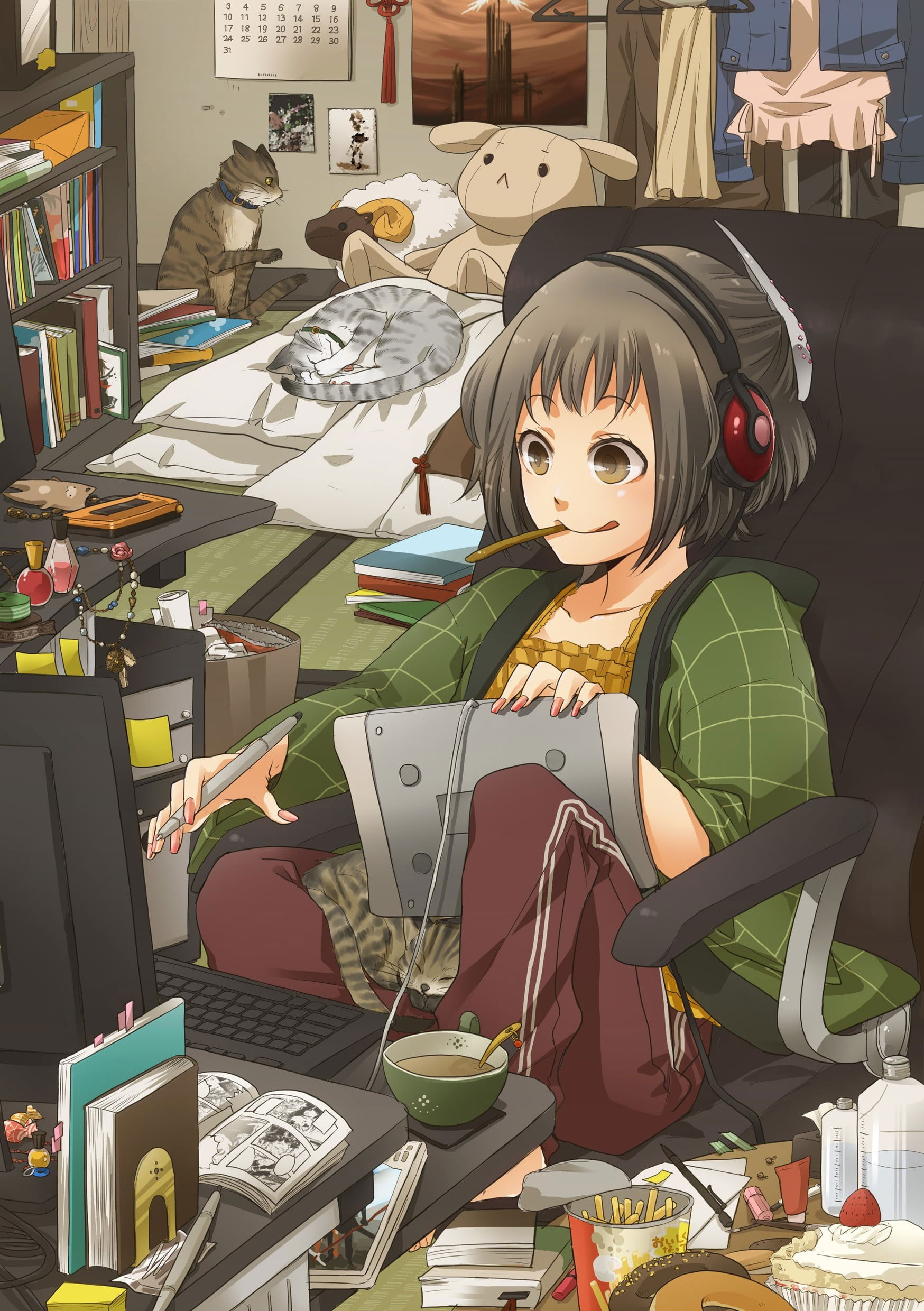 Wallpaper Computer, Room, Bed, Cat, Anime Girls