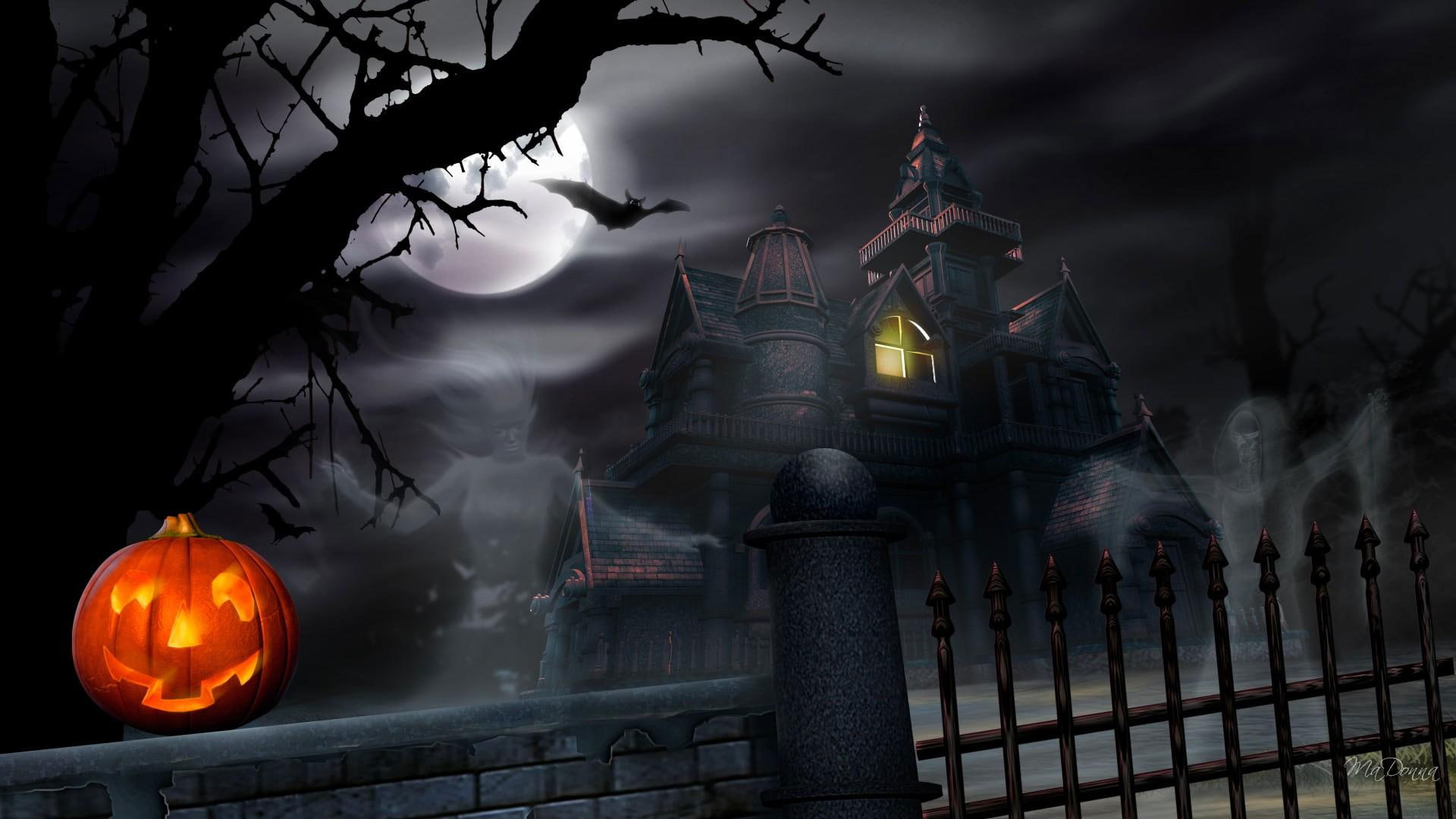 Wallpaper Haunted Halloween House, Lights, Full Moon, Jack