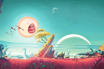 Wallpaper Red Grass Field With Dinosaurs Illustration