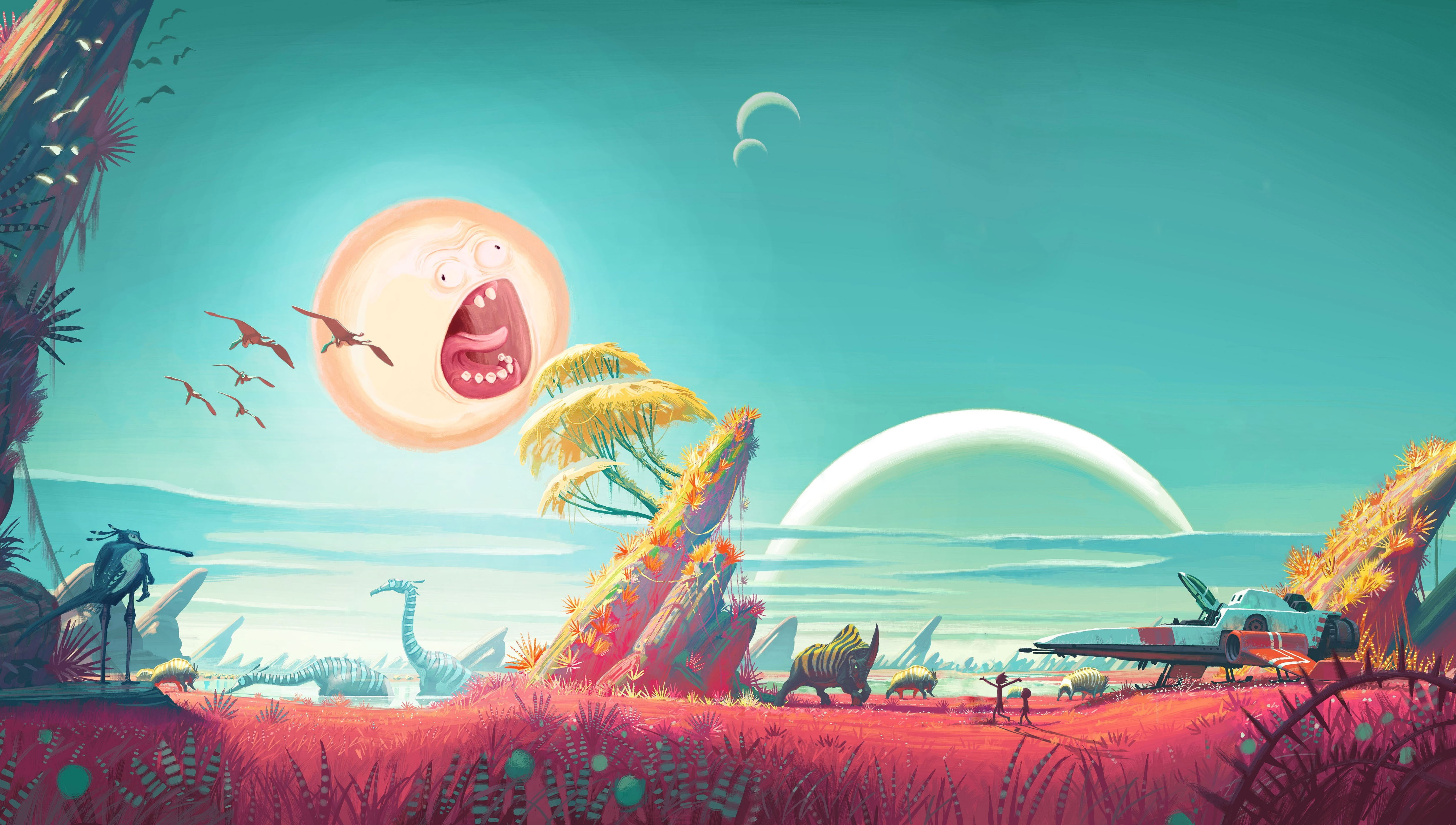 Wallpaper Red Grass Field With Dinosaurs Illustration, Rick And Morty, Movies