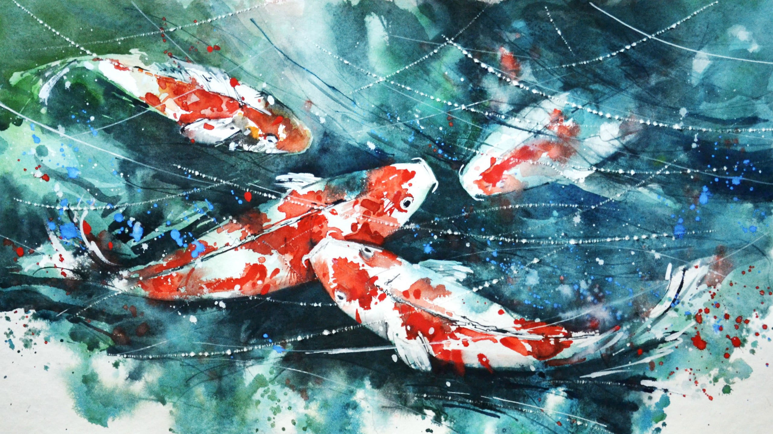 Wallpaper School Of Koi Fish Painting, Watercolor, Artwork