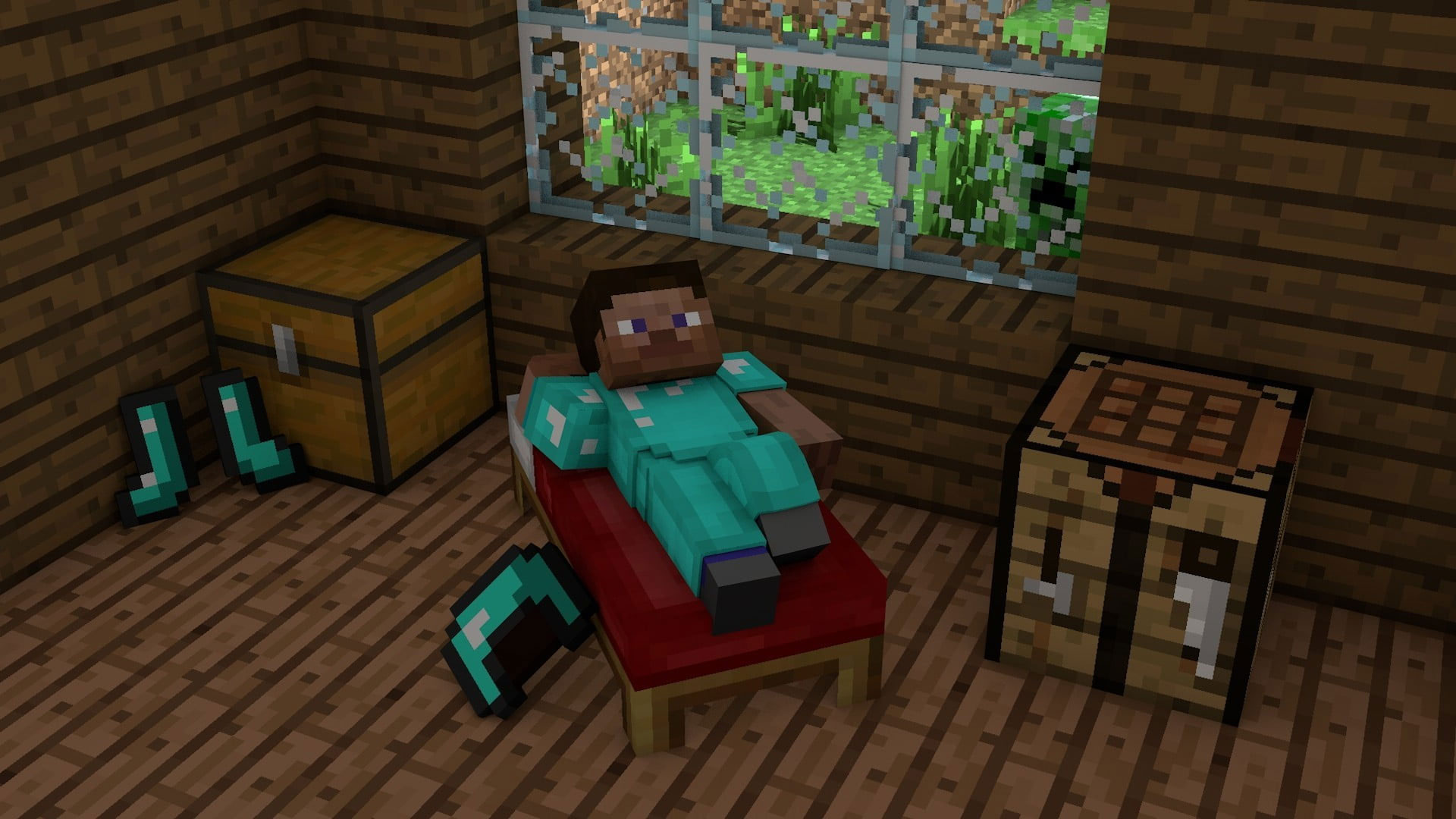 Wallpaper Minecraft Game Scene, Man Lying On Bed Minecraft