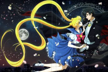 Wallpaper Blue And Yellow Floral Print Textile, Sailor Moon