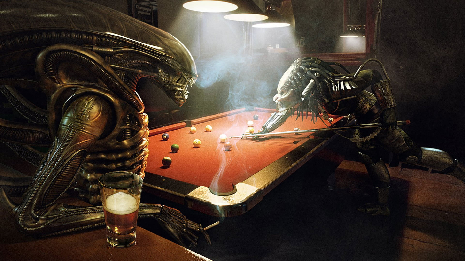 Wallpaper Alien And Predator Playing Billiard