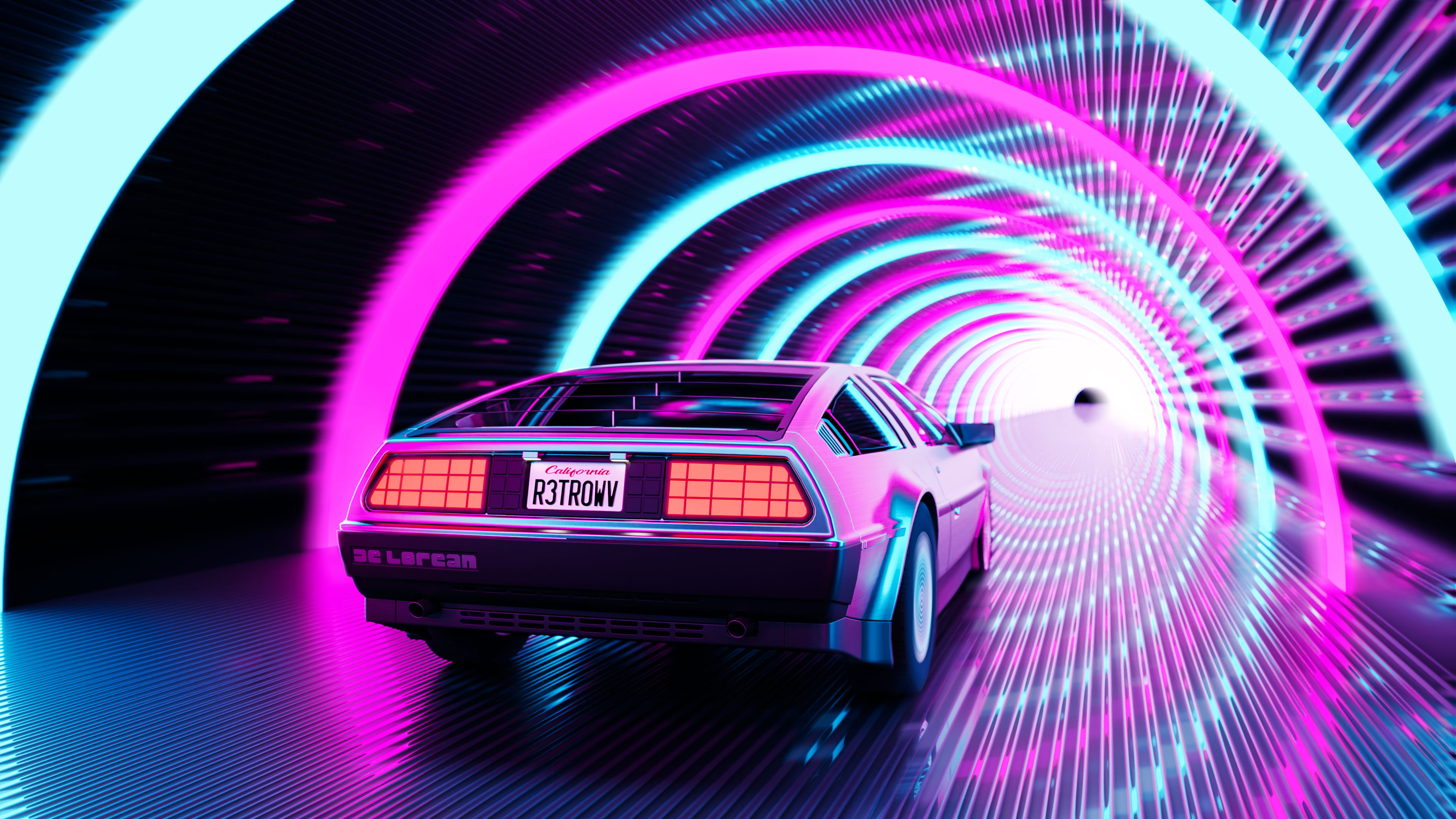 Wallpaper Car, Artwork, Retrowave, Road, Tunnel, DeLorean, Cars & Motos