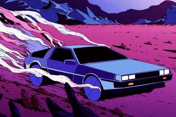 Wallpaper Retrowave, Car, Pink, Delorean, Mountain