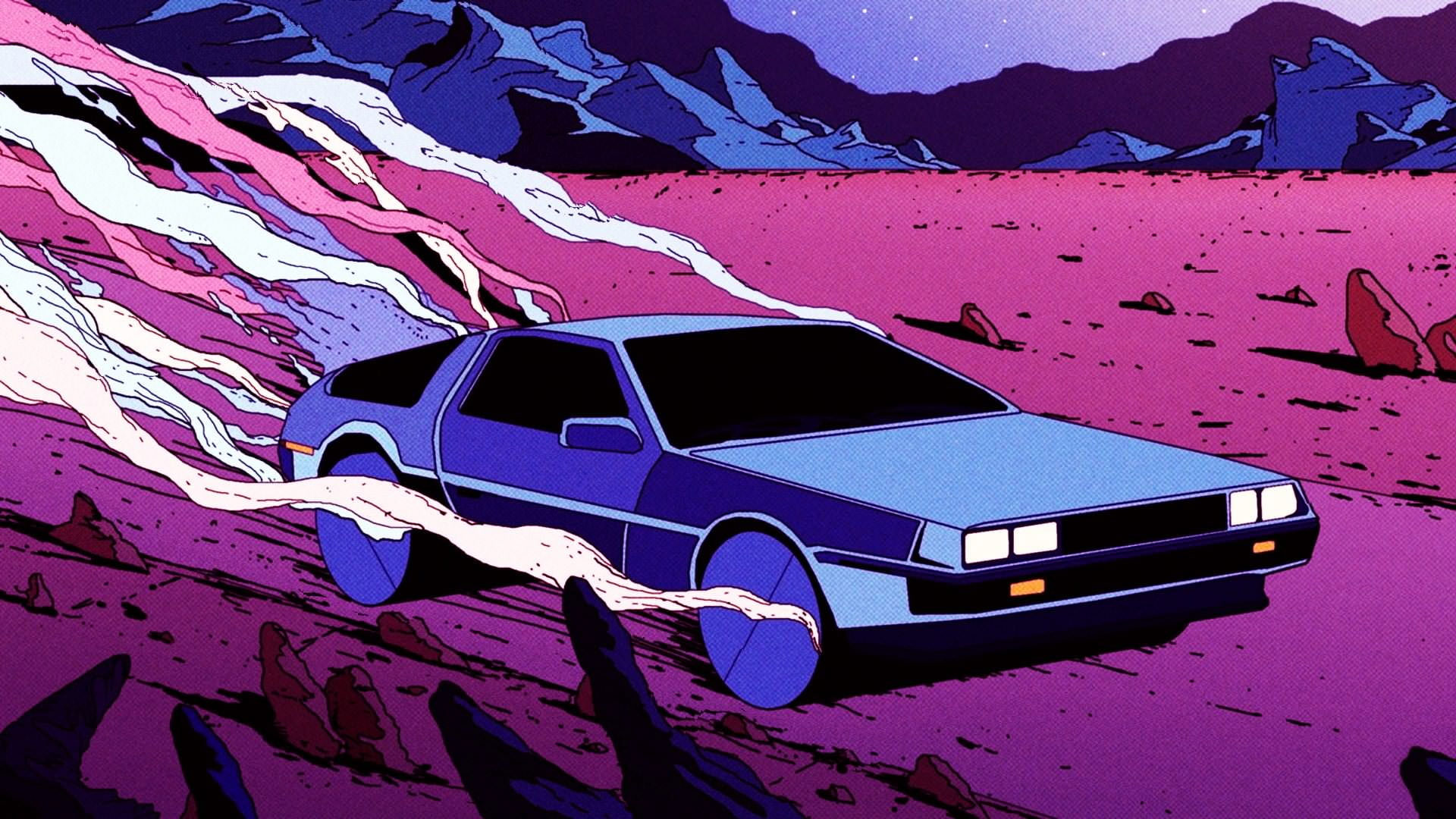 Wallpaper Retrowave, Car, Pink, Delorean, Mountain