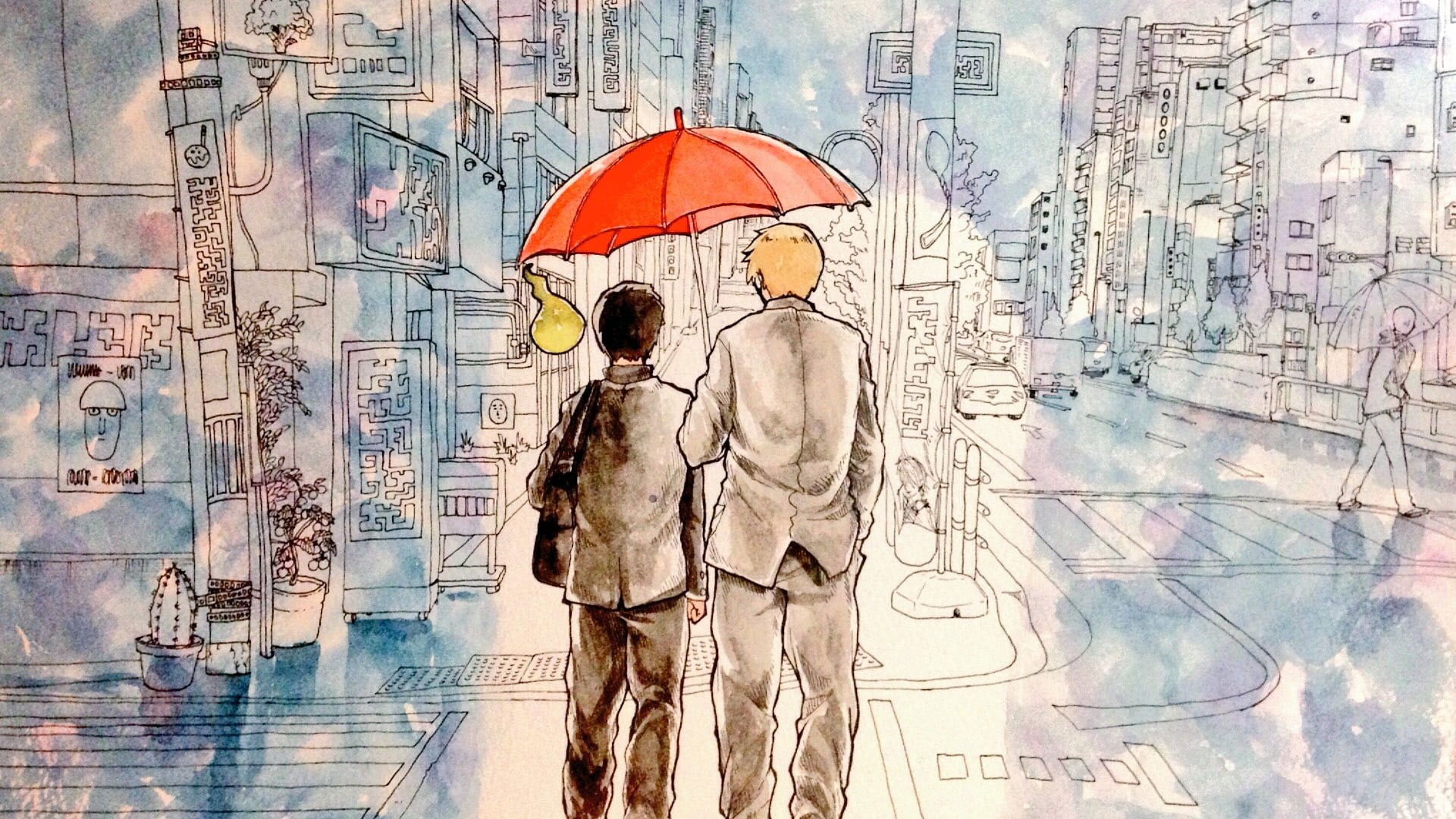 Wallpaper Two Person Holding Red Umbrella Artwork