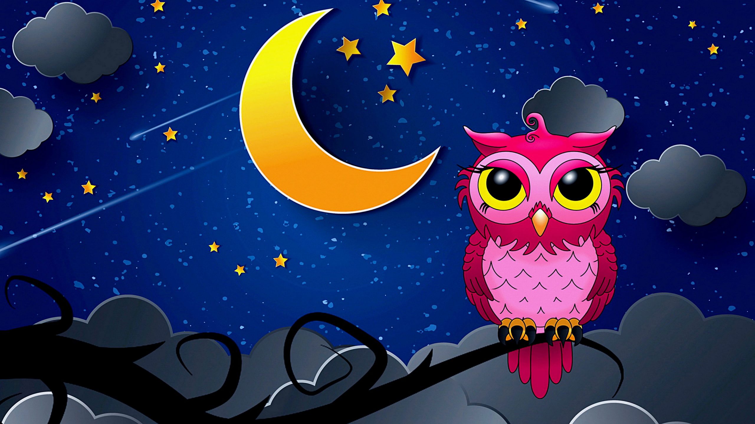 Wallpaper Cartoon, Owl, Blue, Good Night, Pink