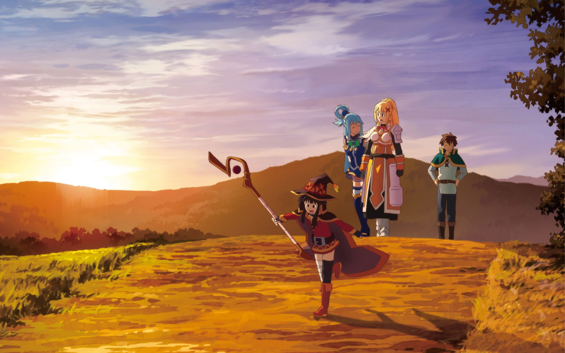 Wallpaper Konosuba, Four Anime Characters Walking In The Road