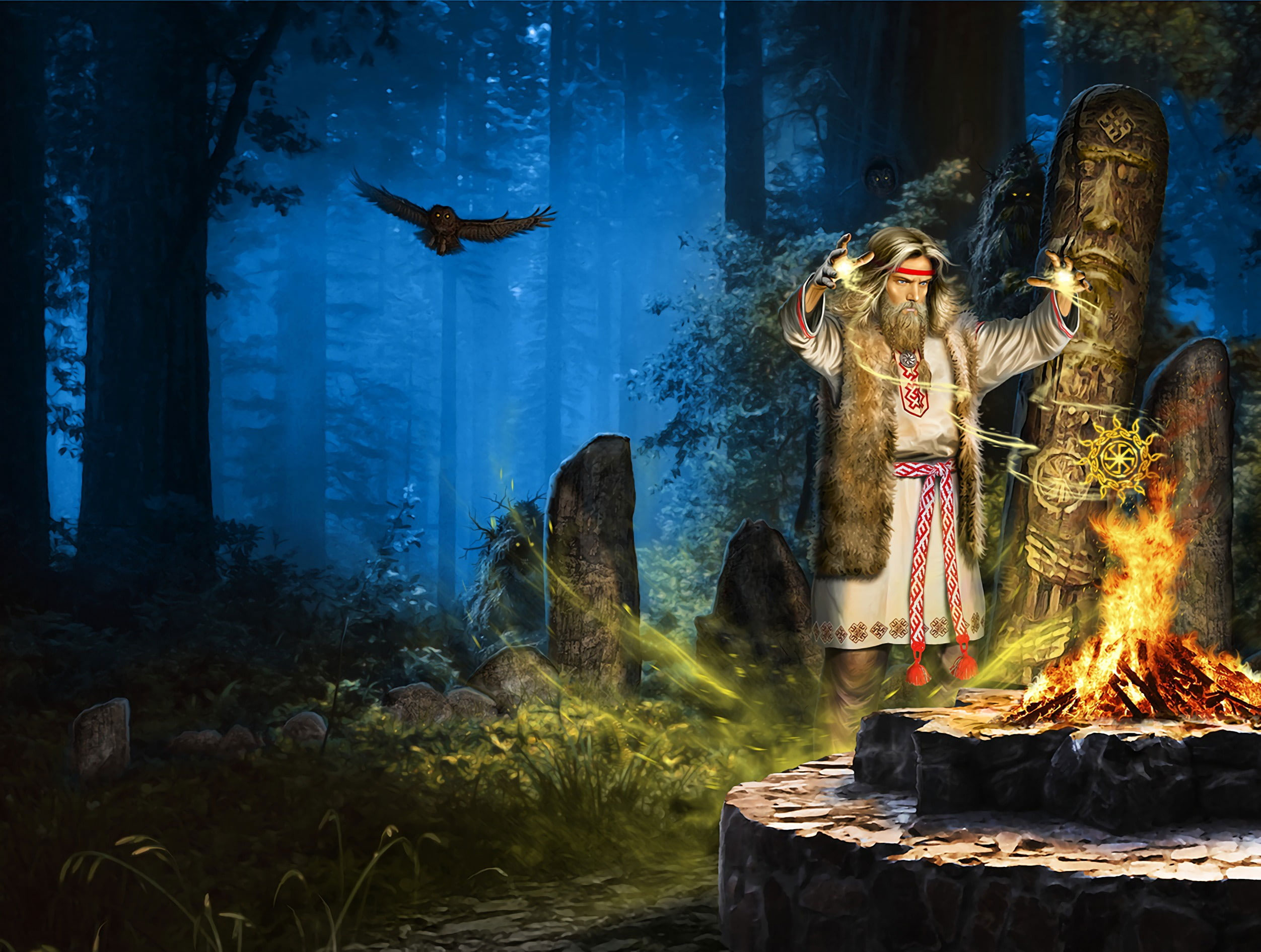 Wallpaper Owl, Fire, Forest, The Sorcerer