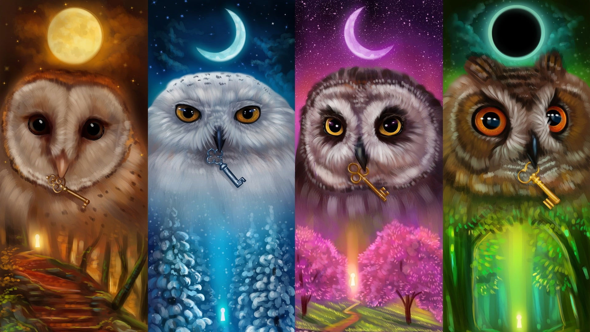 Wallpaper Seasons, Moon, Owl, Autumn, Winter