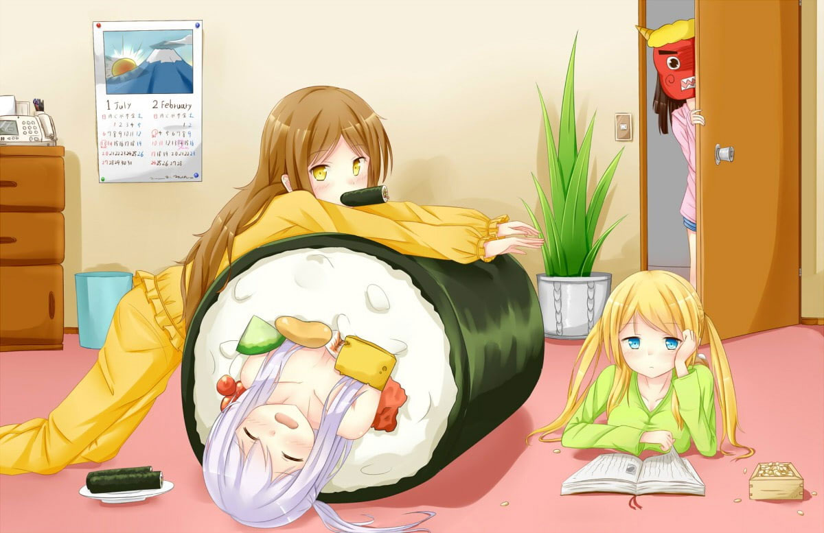 Wallpaper Anime Girls, Long Hair, Pyjamas, Sushi