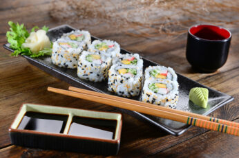 Wallpaper Plate Of Sushi Rolls, Sticks, Salad
