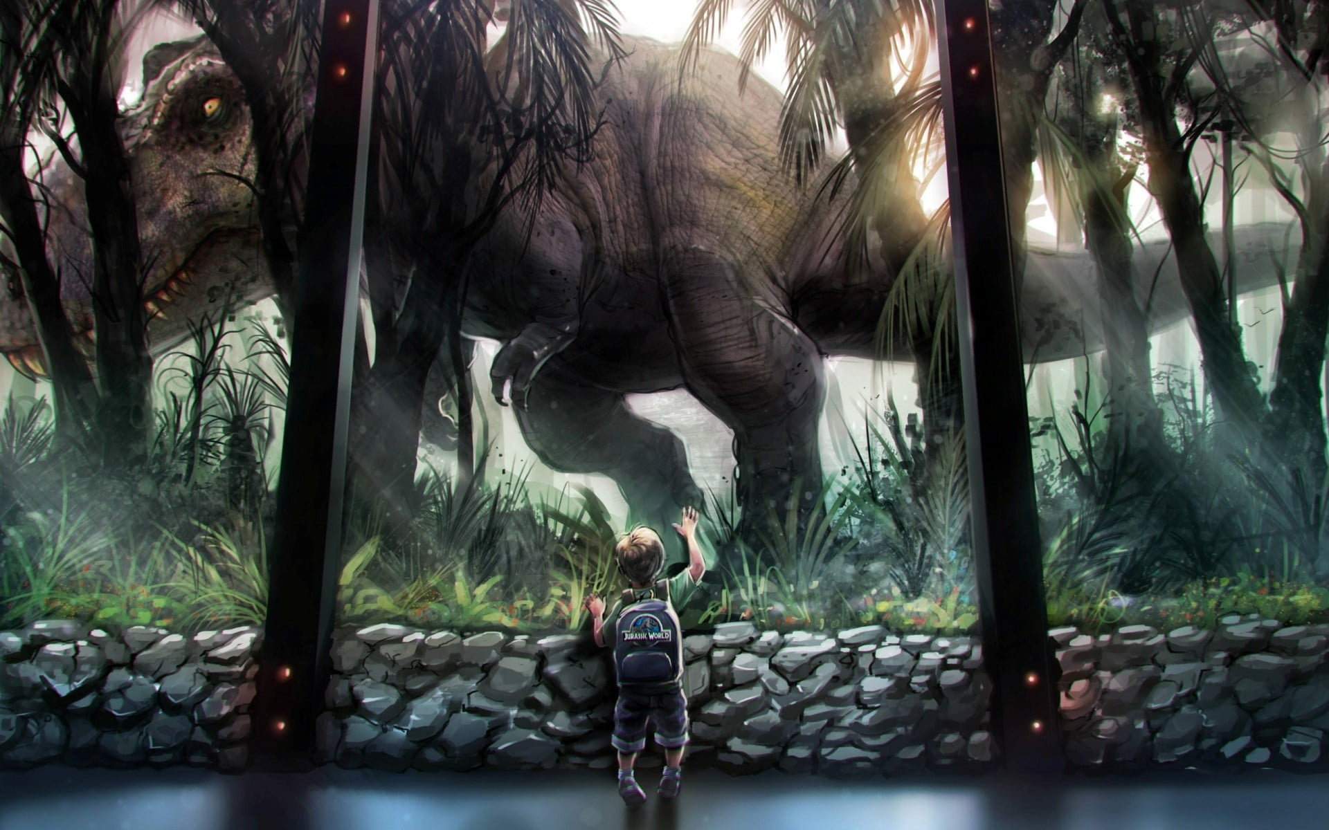 Boy Standing Near Dinosaur Digital Wallpaper, Jurassic World, Movies