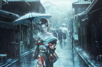 Wallpaper Woman Holding Paper Umbrella Painting