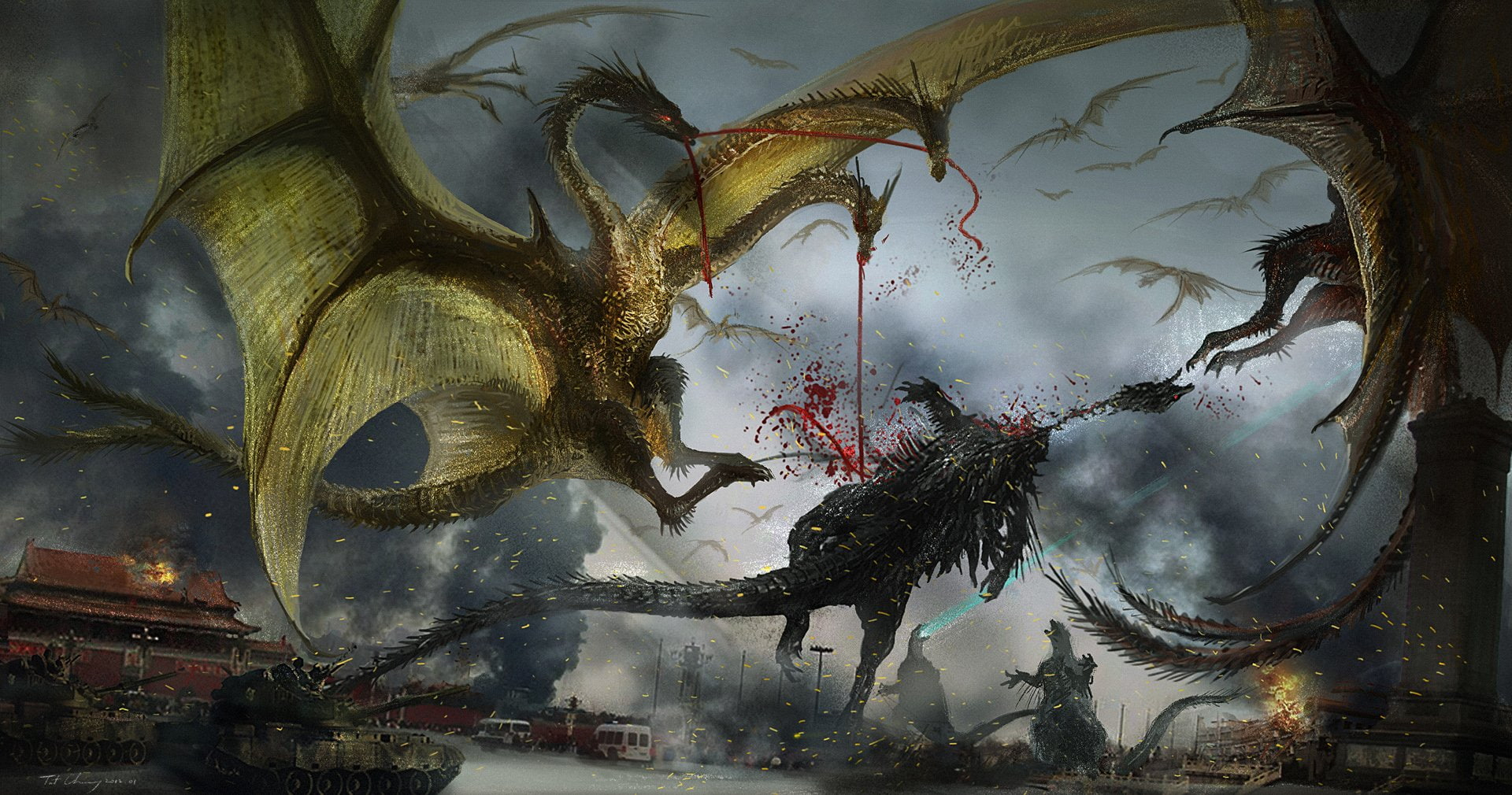 Wallpaper Godzilla, King Ghidorah, Kaiju, Fantasy