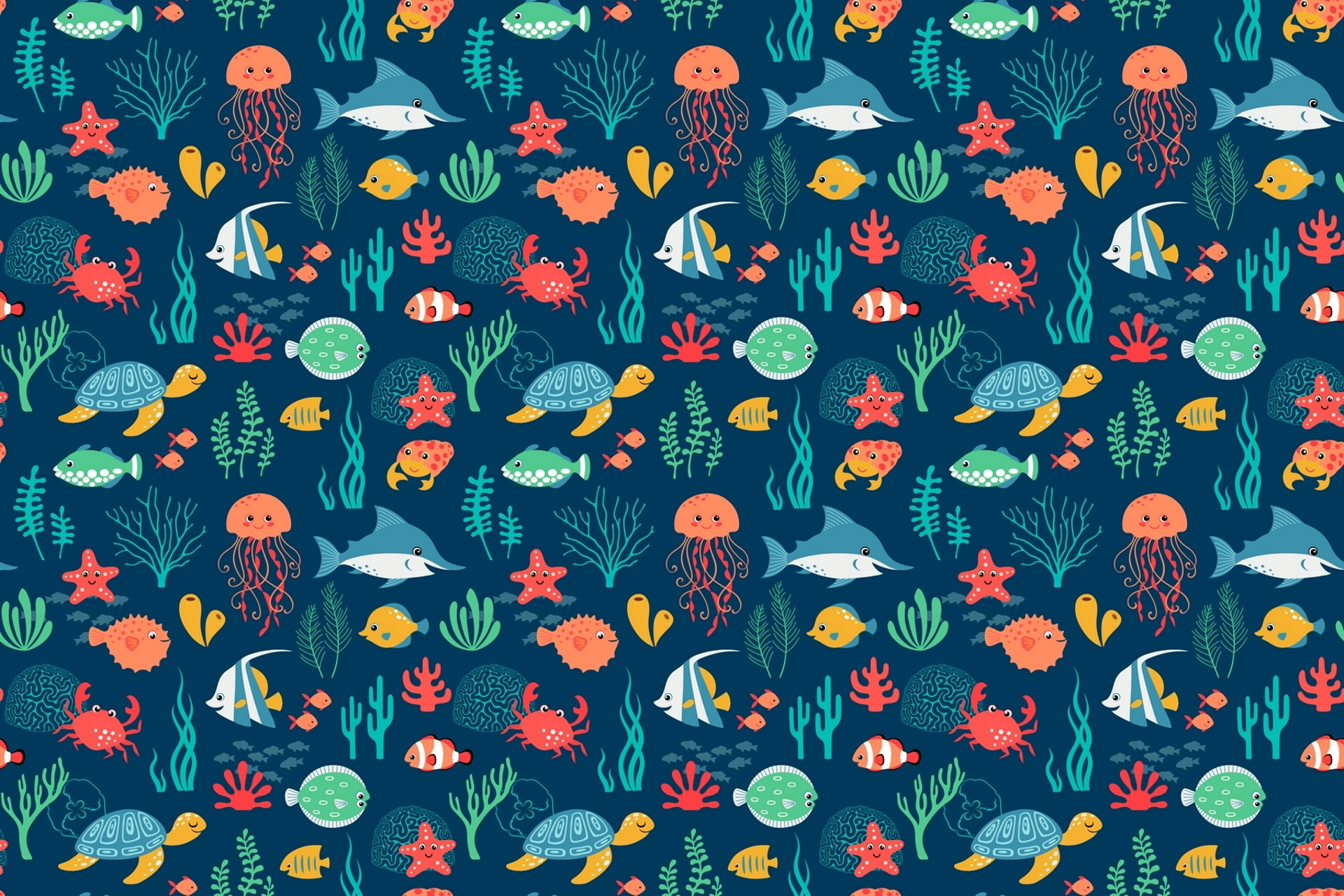 Wallpaper Variety Of Fish Illustration, Turtle, Doodle, Textures