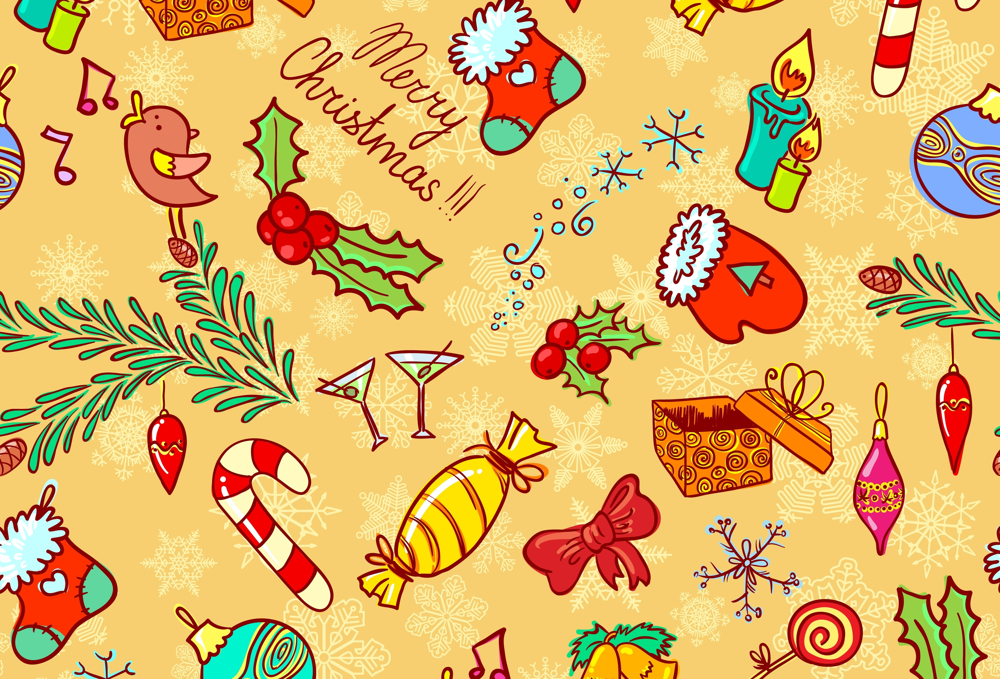 Wallpaper Yellow And Red Christmas Theme, Winter, Doodle, Textures