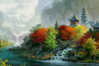 Wallpaper Painting Of Pagoda And Trees, River