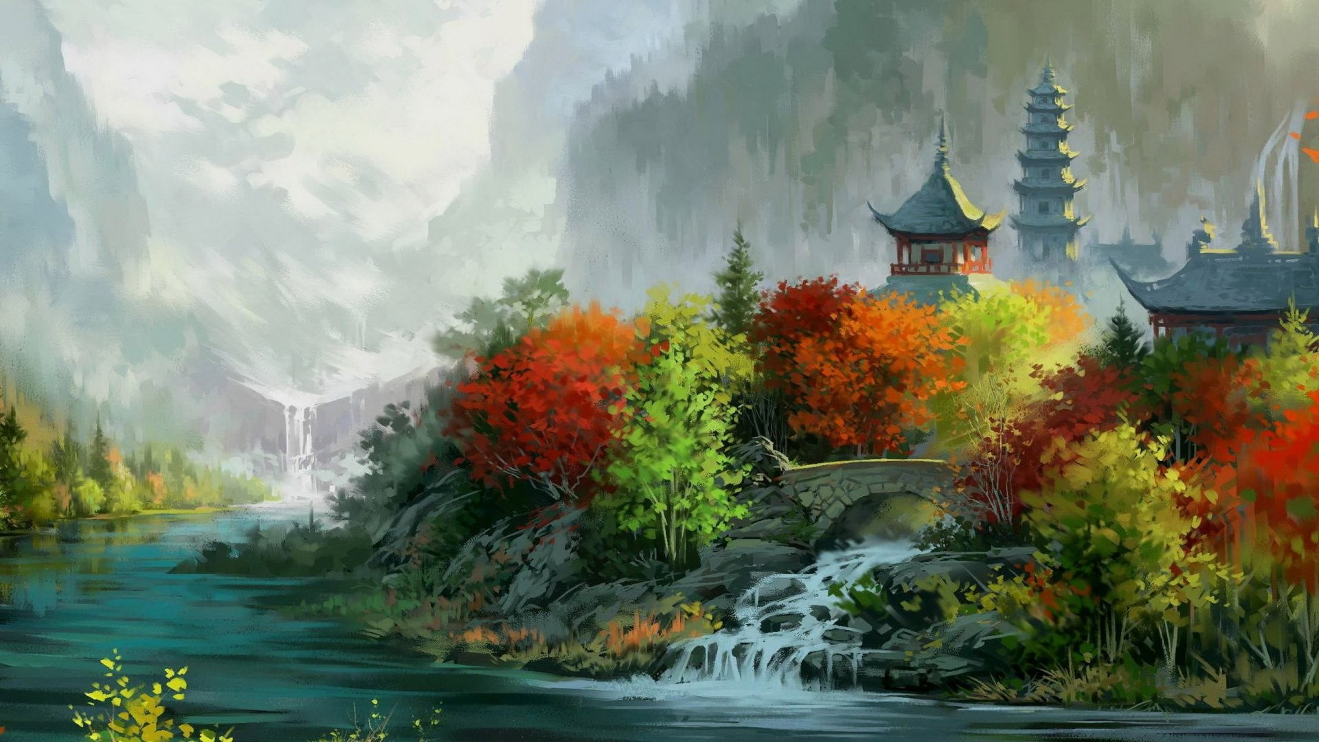 Wallpaper Painting Of Pagoda And Trees, River