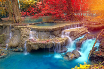 Wallpaper Painting Of River In Forest, Waterfall